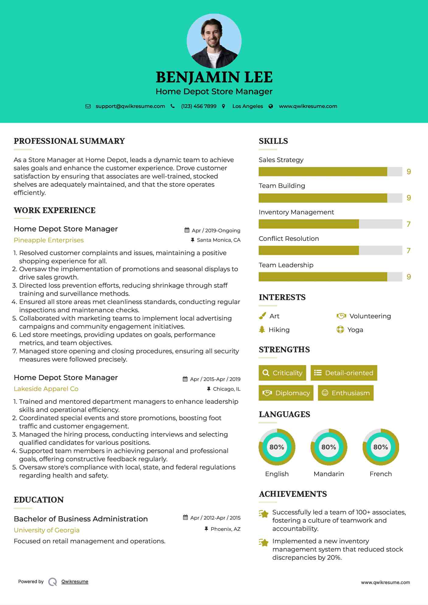 Home Depot Store Manager Resume Example