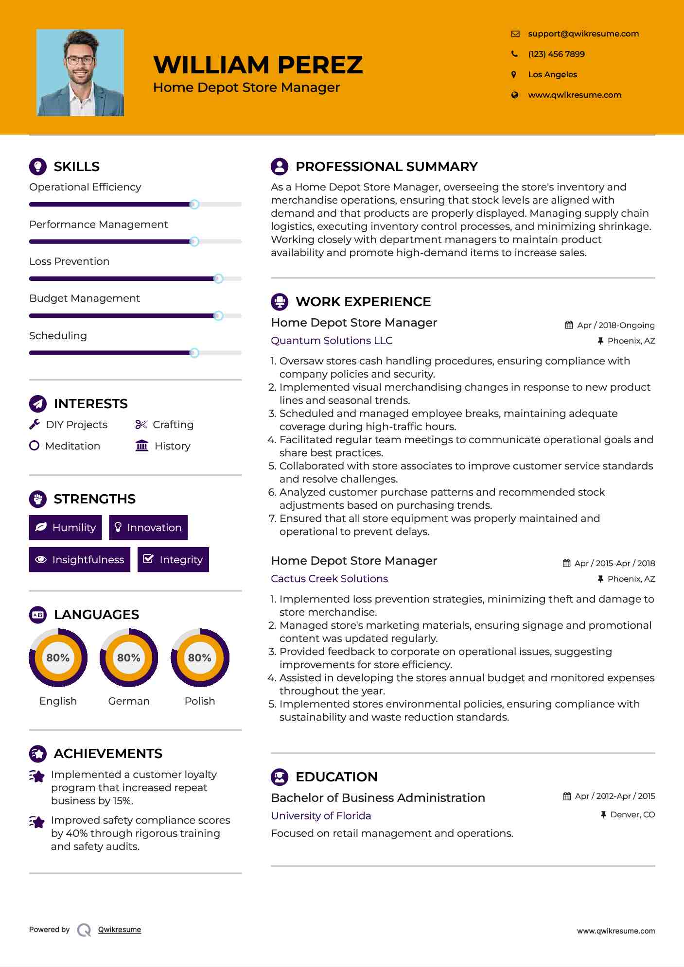 Home Depot Store Manager Resume Model