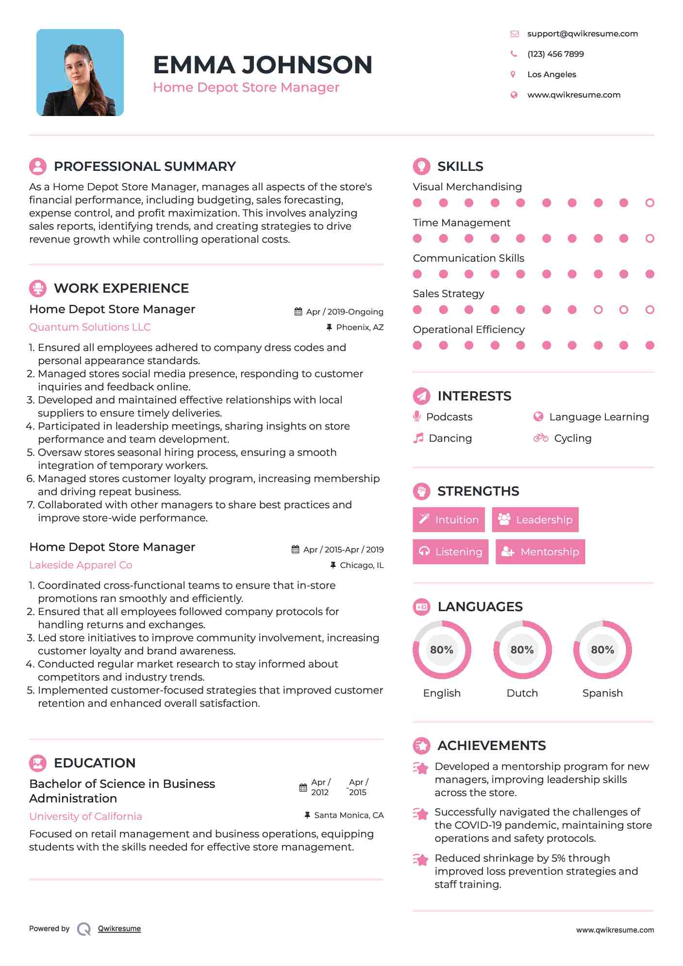 Home Depot Store Manager Resume Example