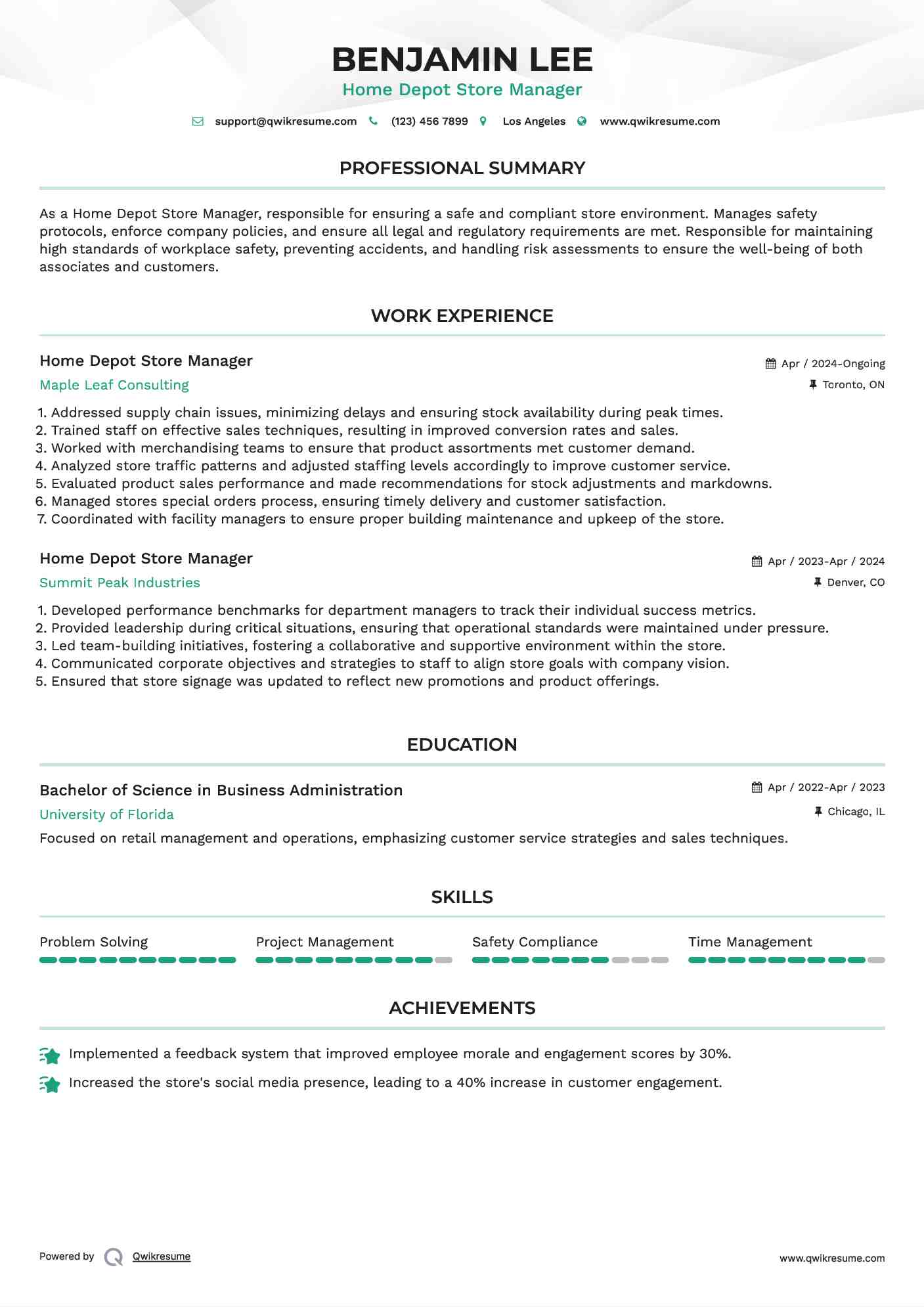 Home Depot Store Manager Resume Format