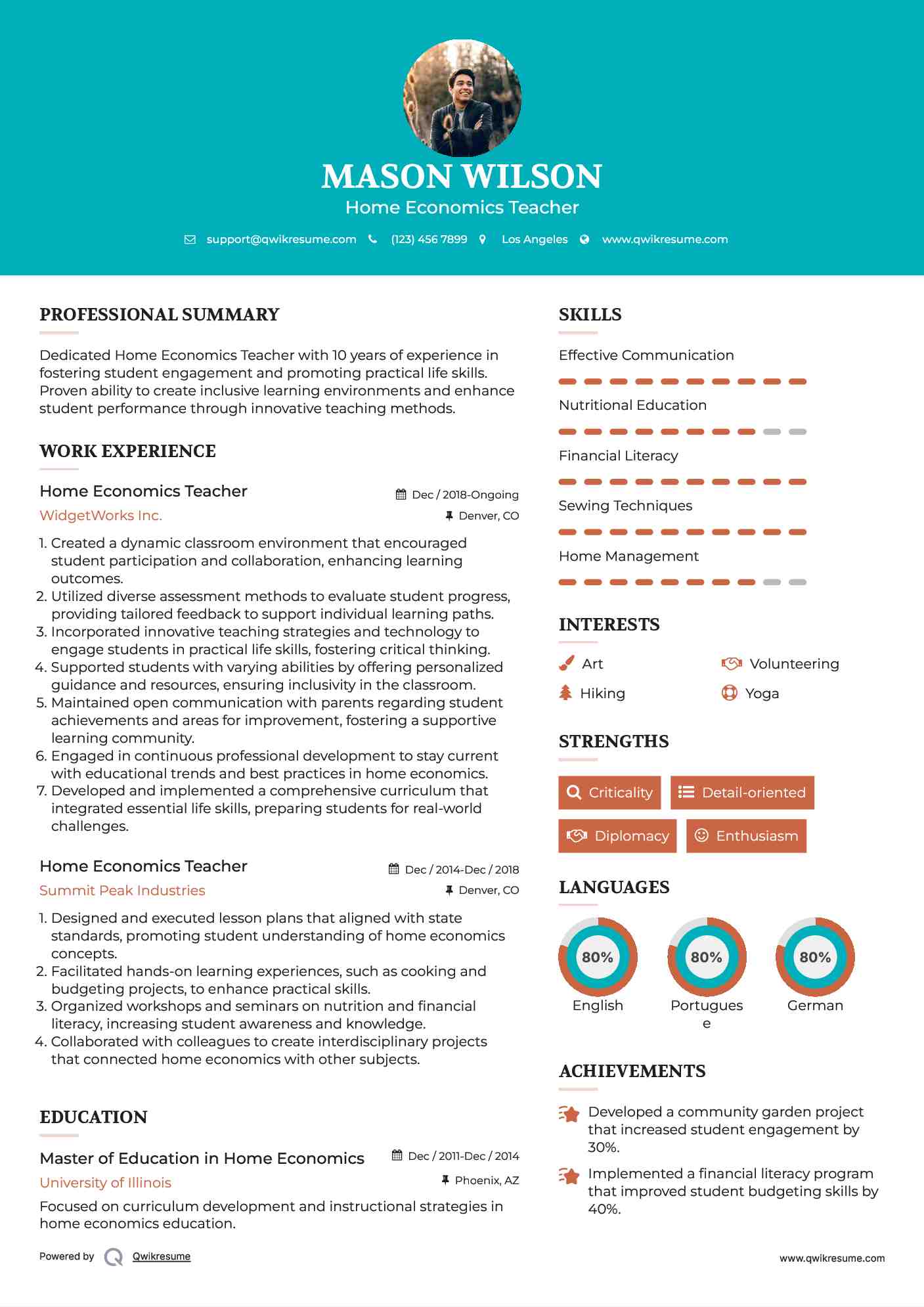 Home Economics Teacher Resume Format