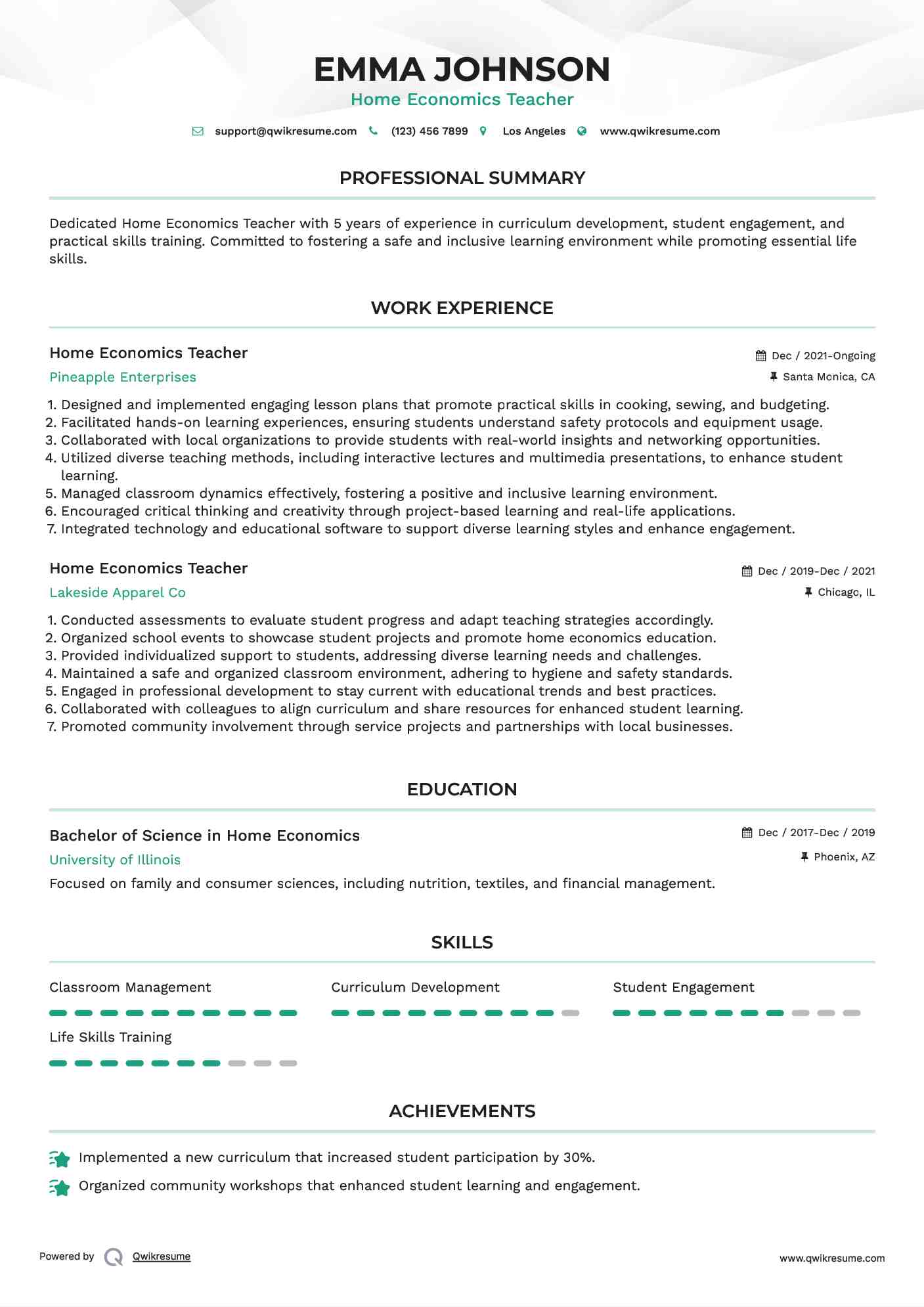 Home Economics Teacher Resume Template