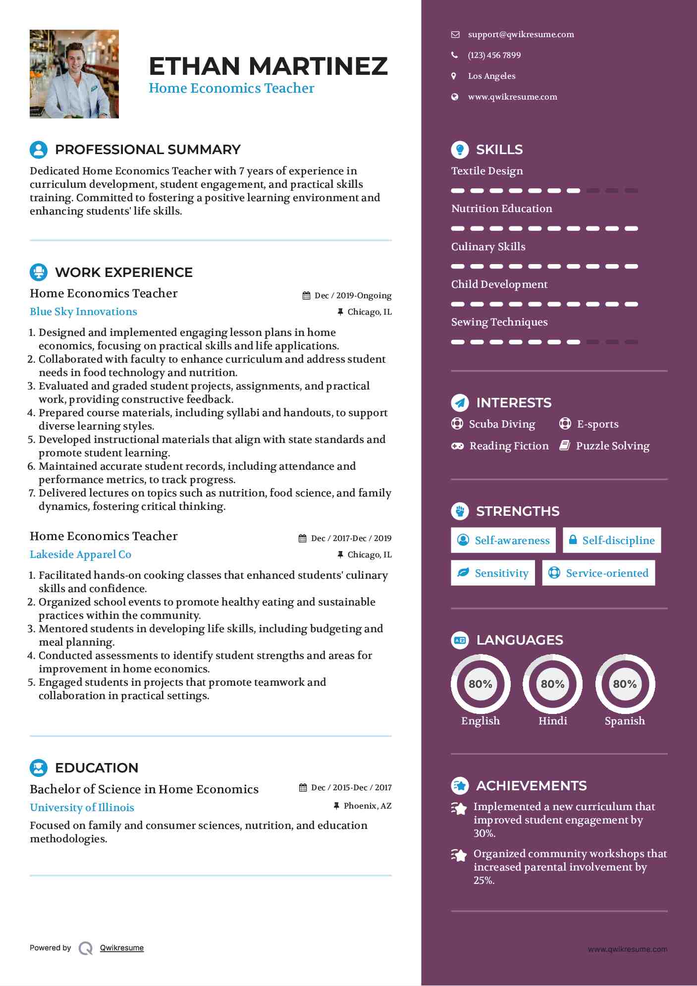 Home Economics Teacher Resume Example