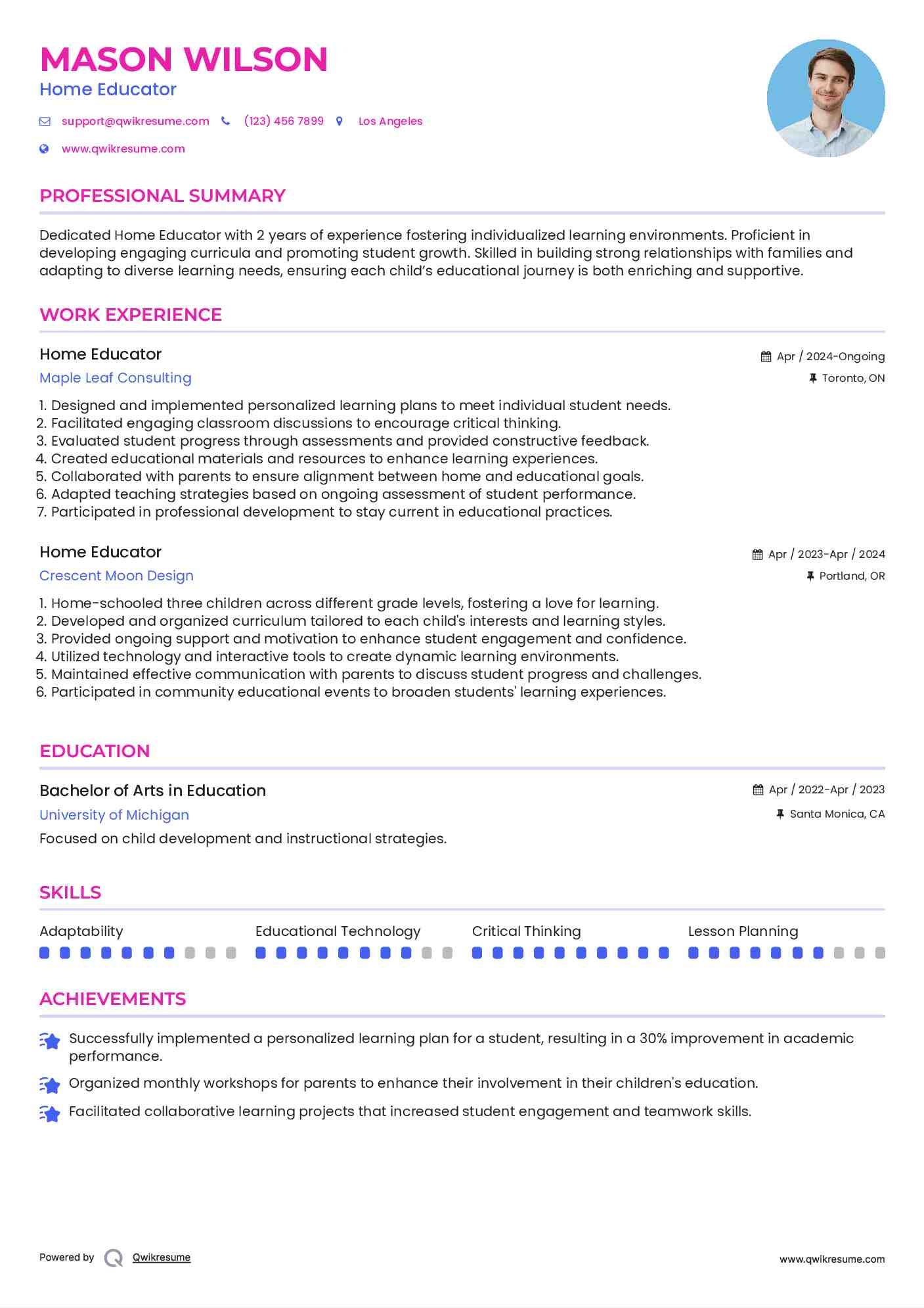 Home Educator Resume Format