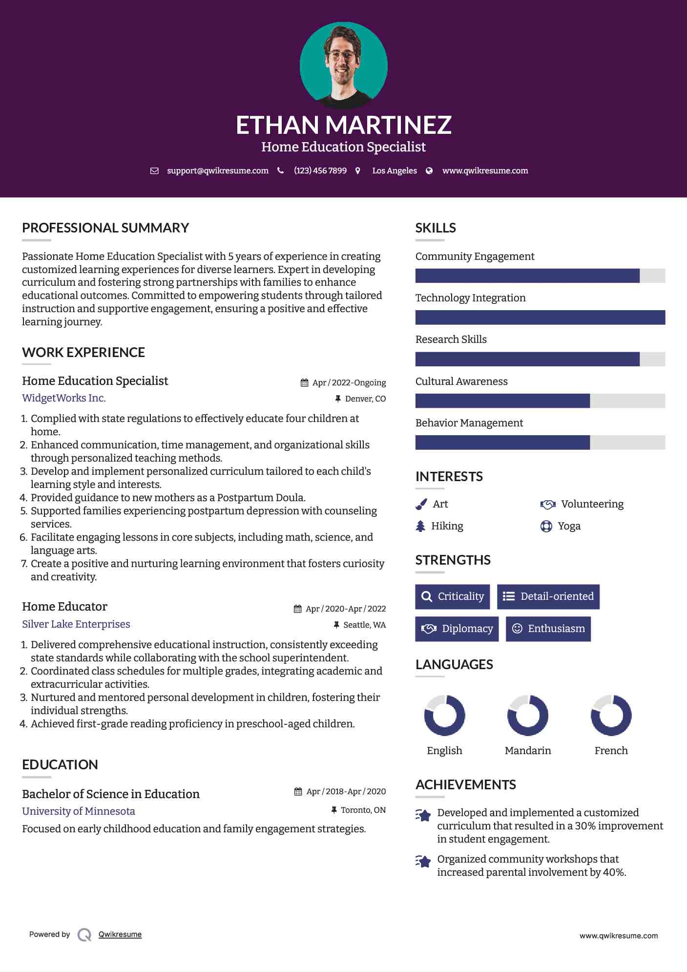 Home Education Specialist Resume Model