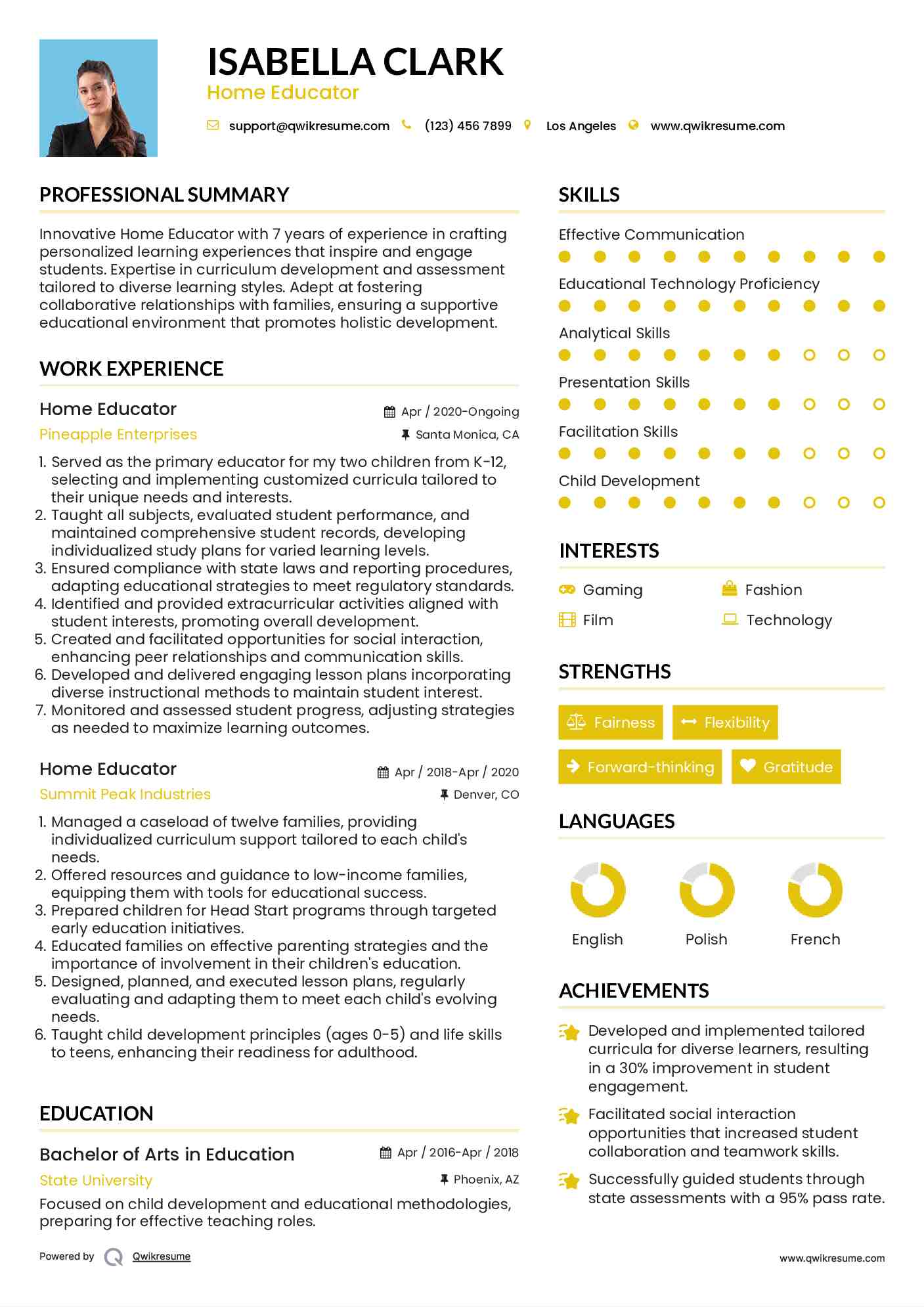 Home Educator Resume Sample