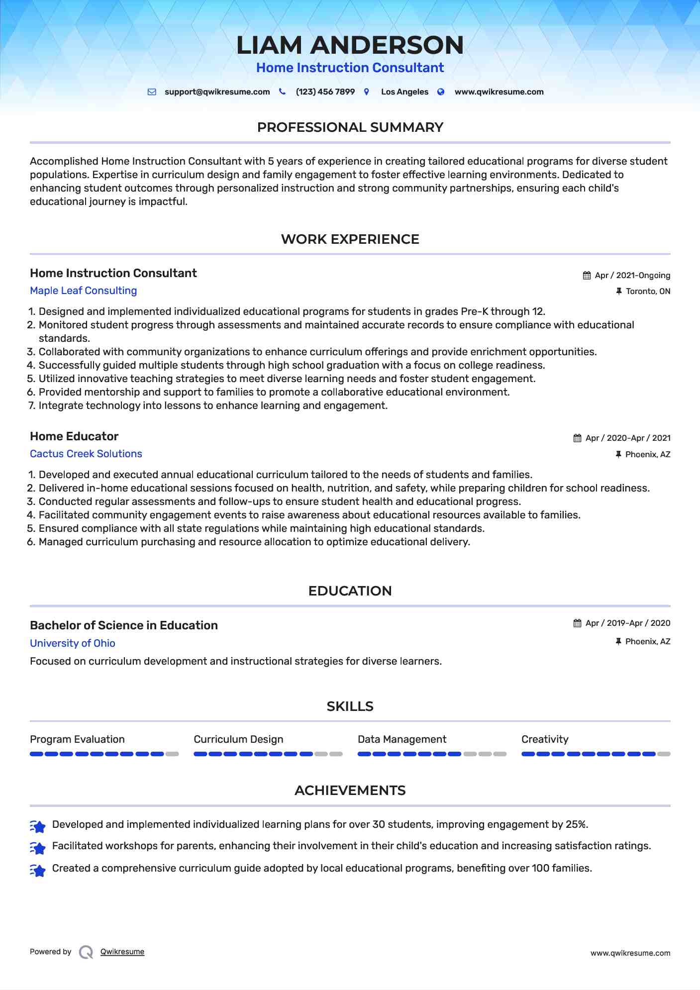 Home Instruction Consultant Resume Format
