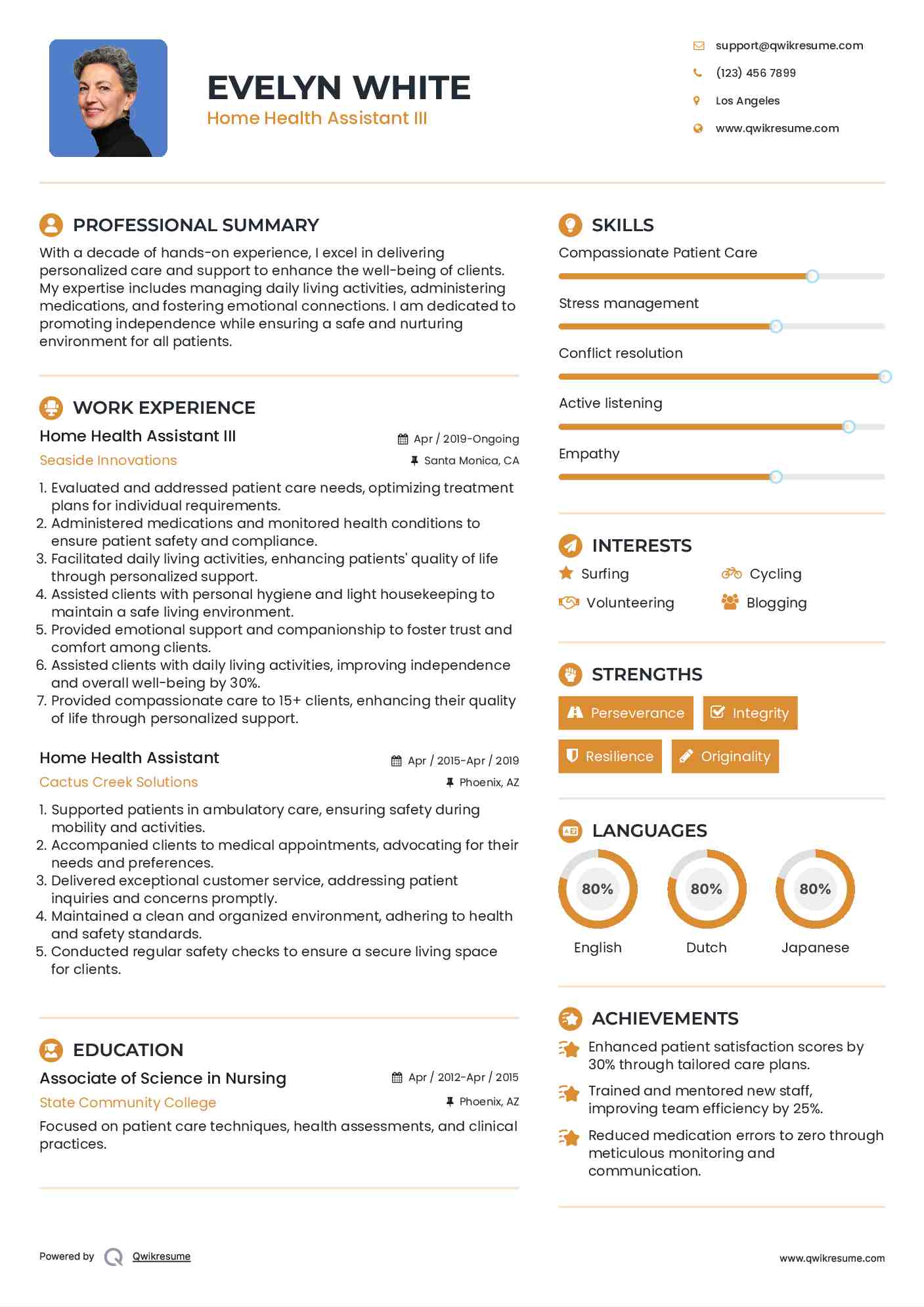 Home Health Assistant III Resume Sample