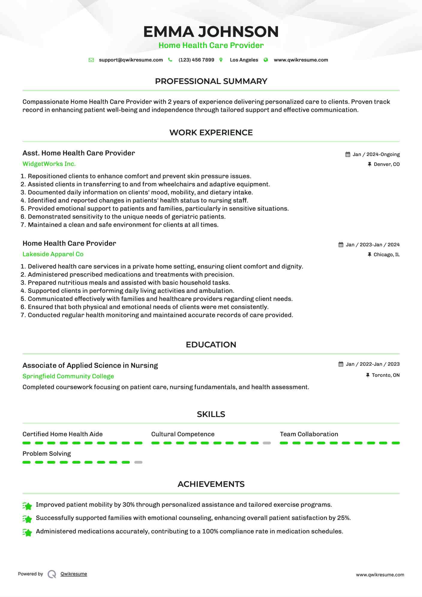 Asst. Home Health Care Provider Resume Example
