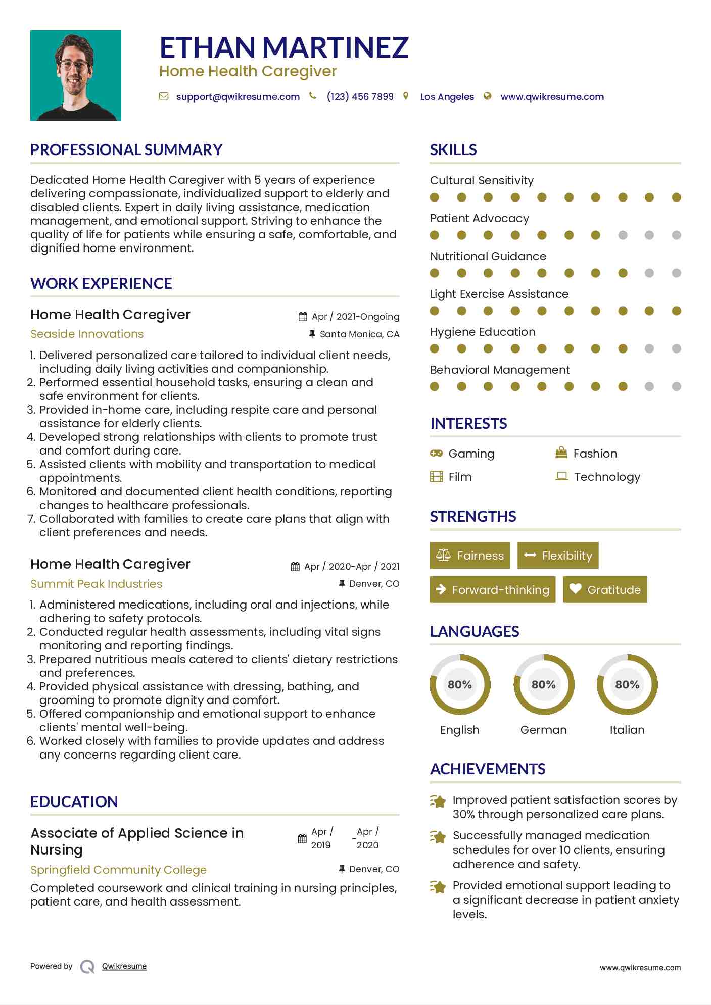 Home Health Caregiver Resume Sample
