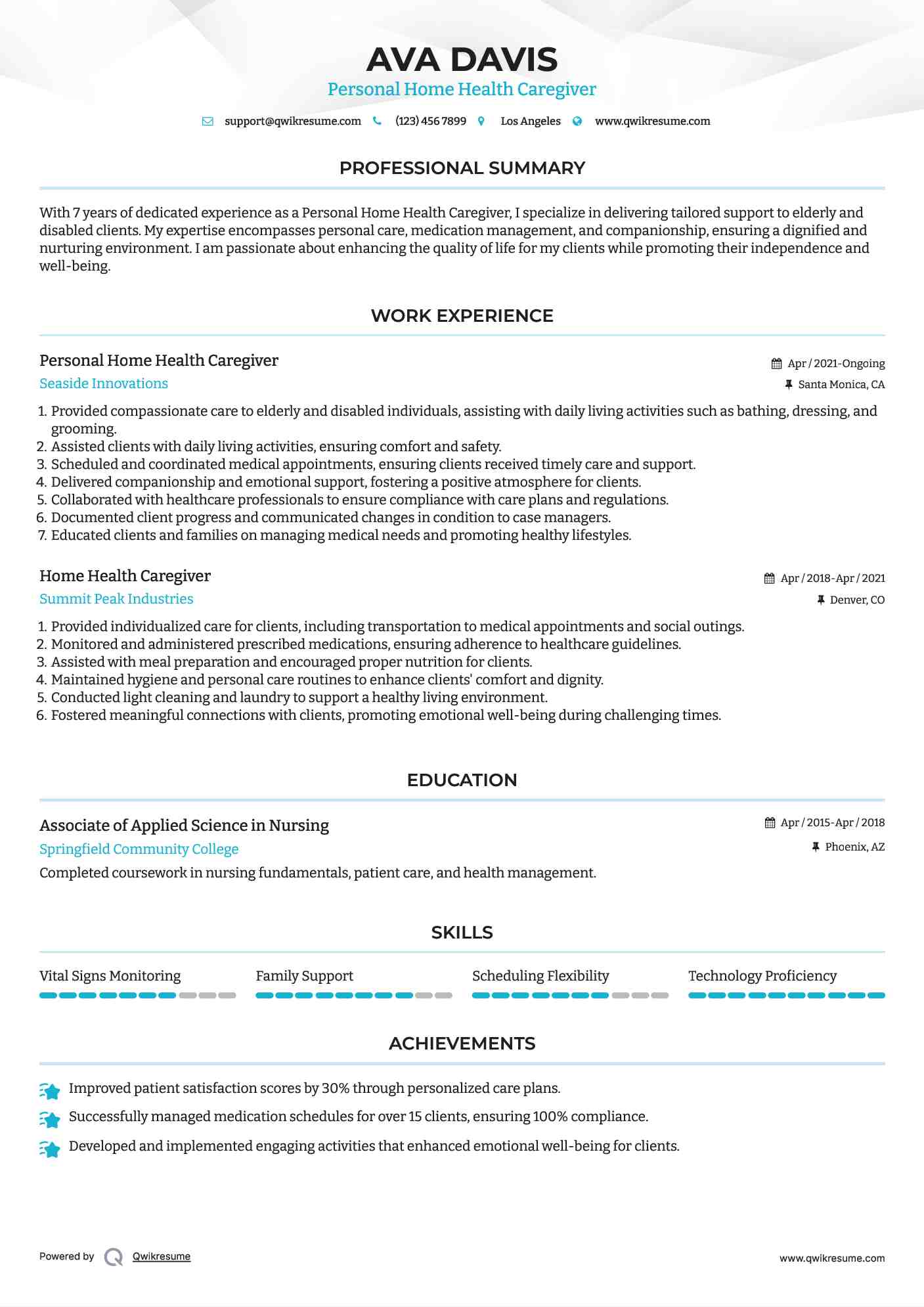 Personal Home Health Caregiver Resume Template