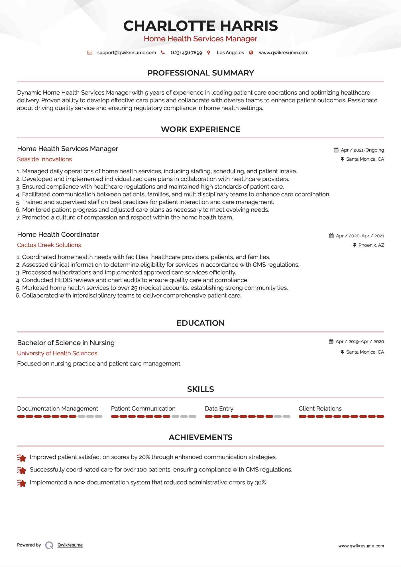 Home Health Services Manager Resume Model