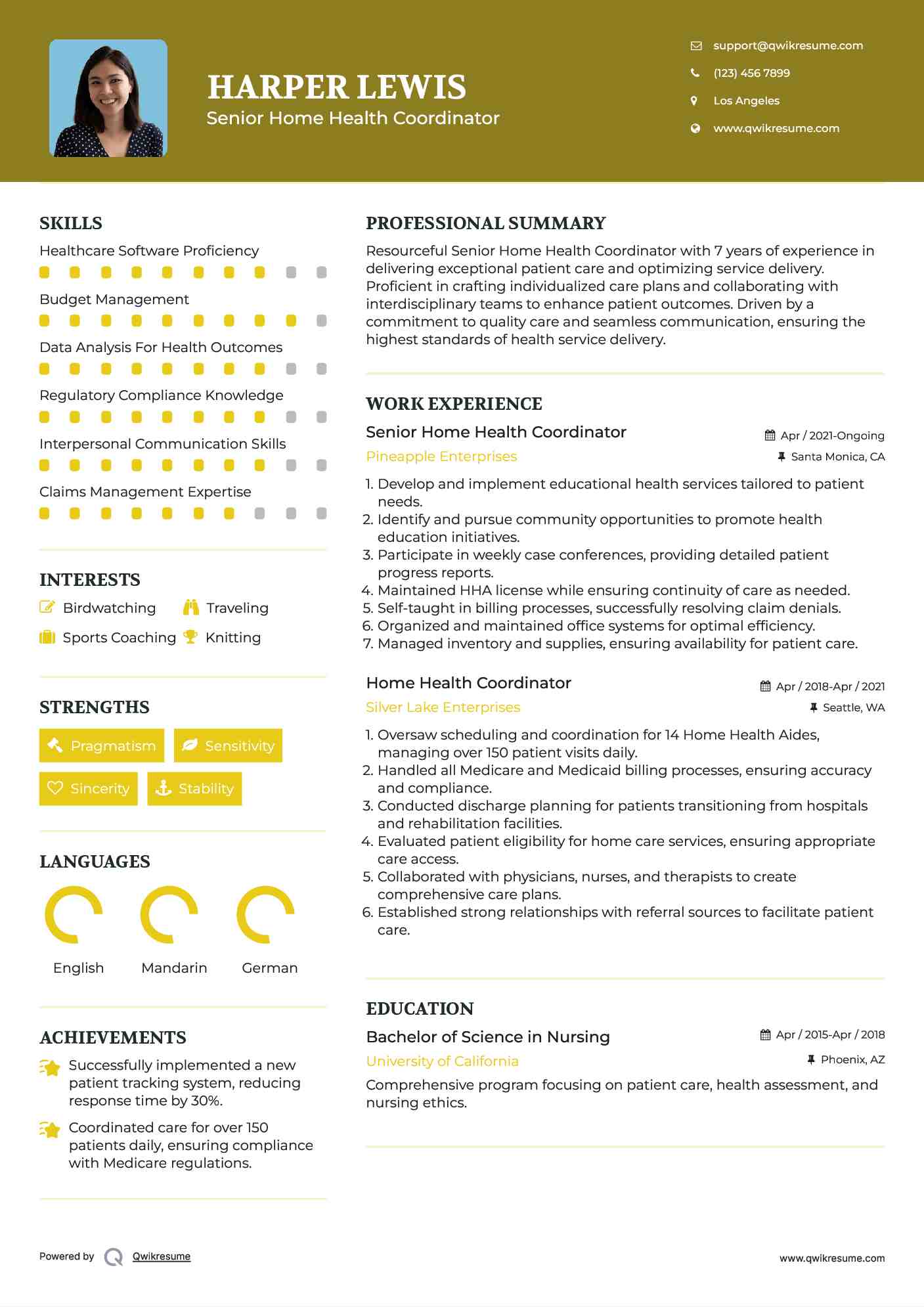 Senior Home Health Coordinator Resume Sample