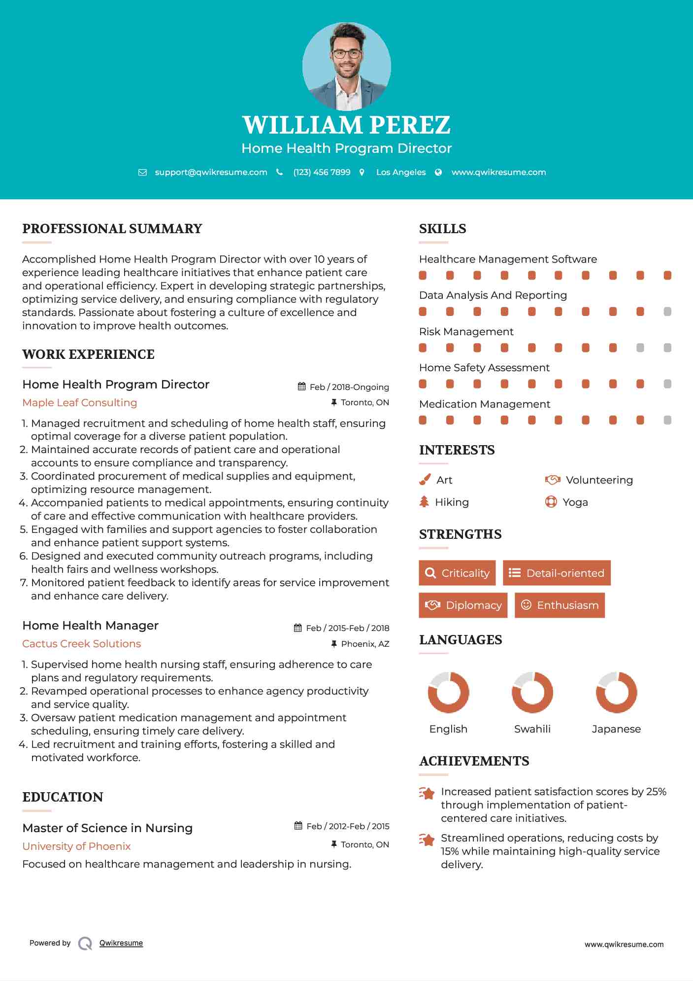 Home Health Program Director Resume Example