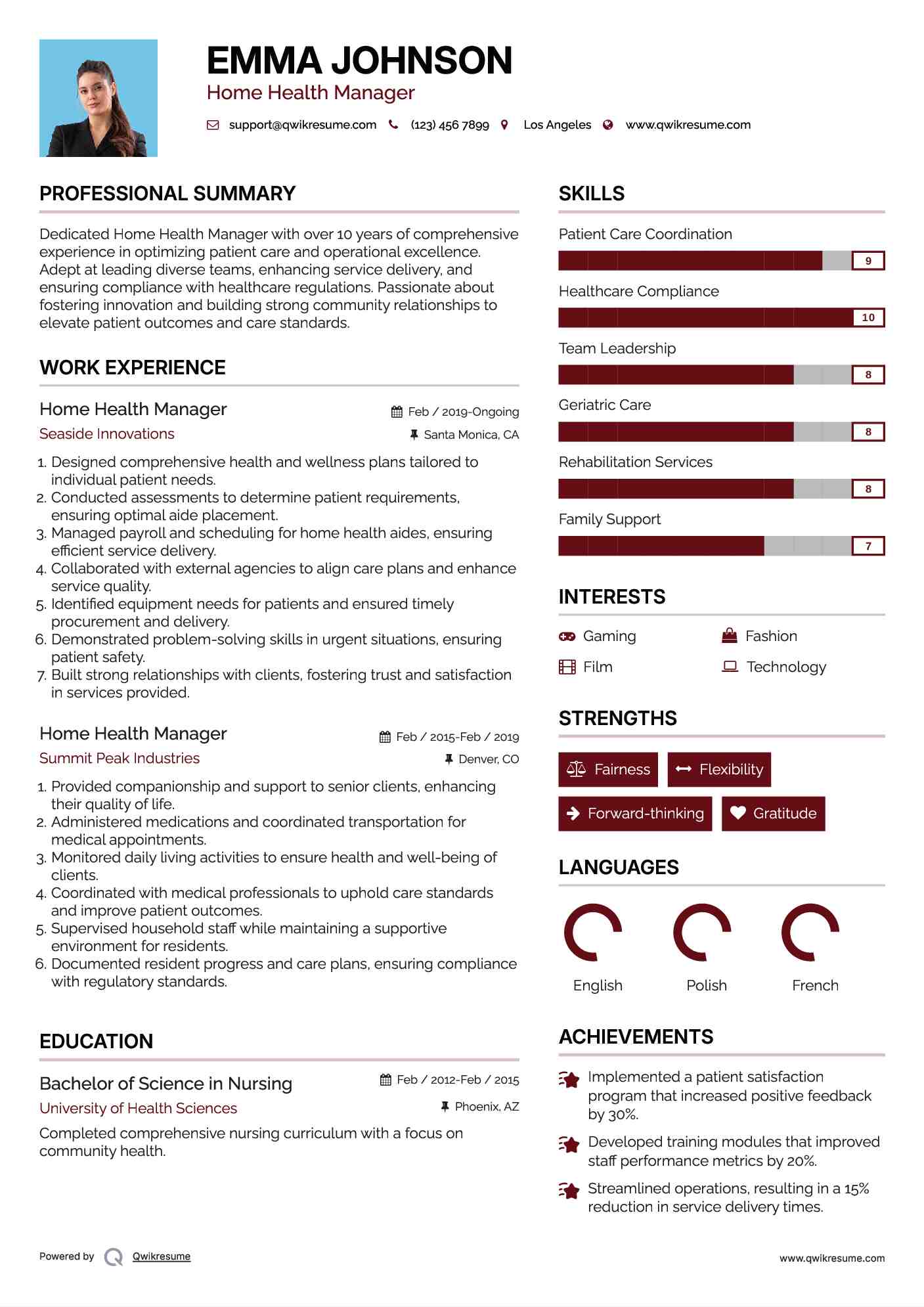 Home Health Manager Resume Sample