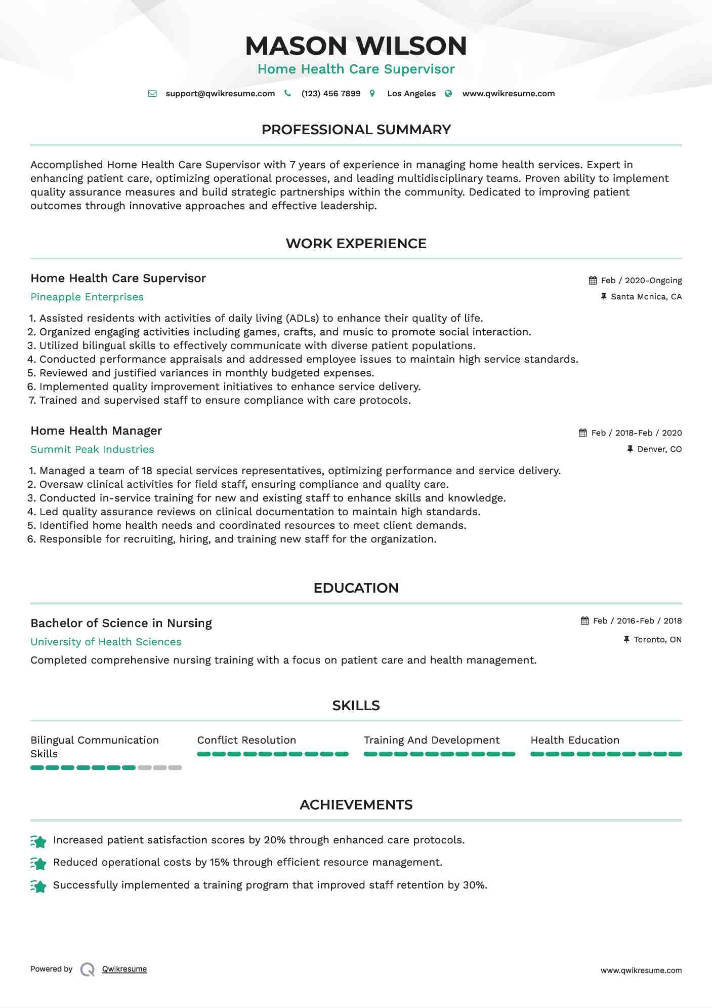 Home Health Care Supervisor Resume Sample