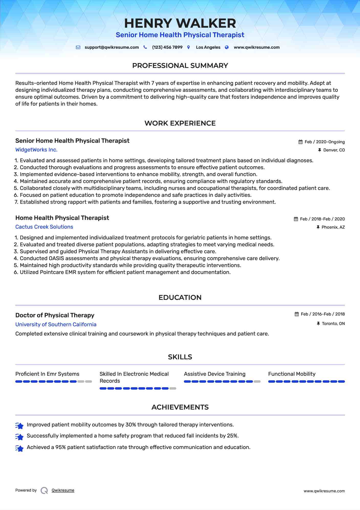 Senior  Home Health Physical Therapist Resume Sample