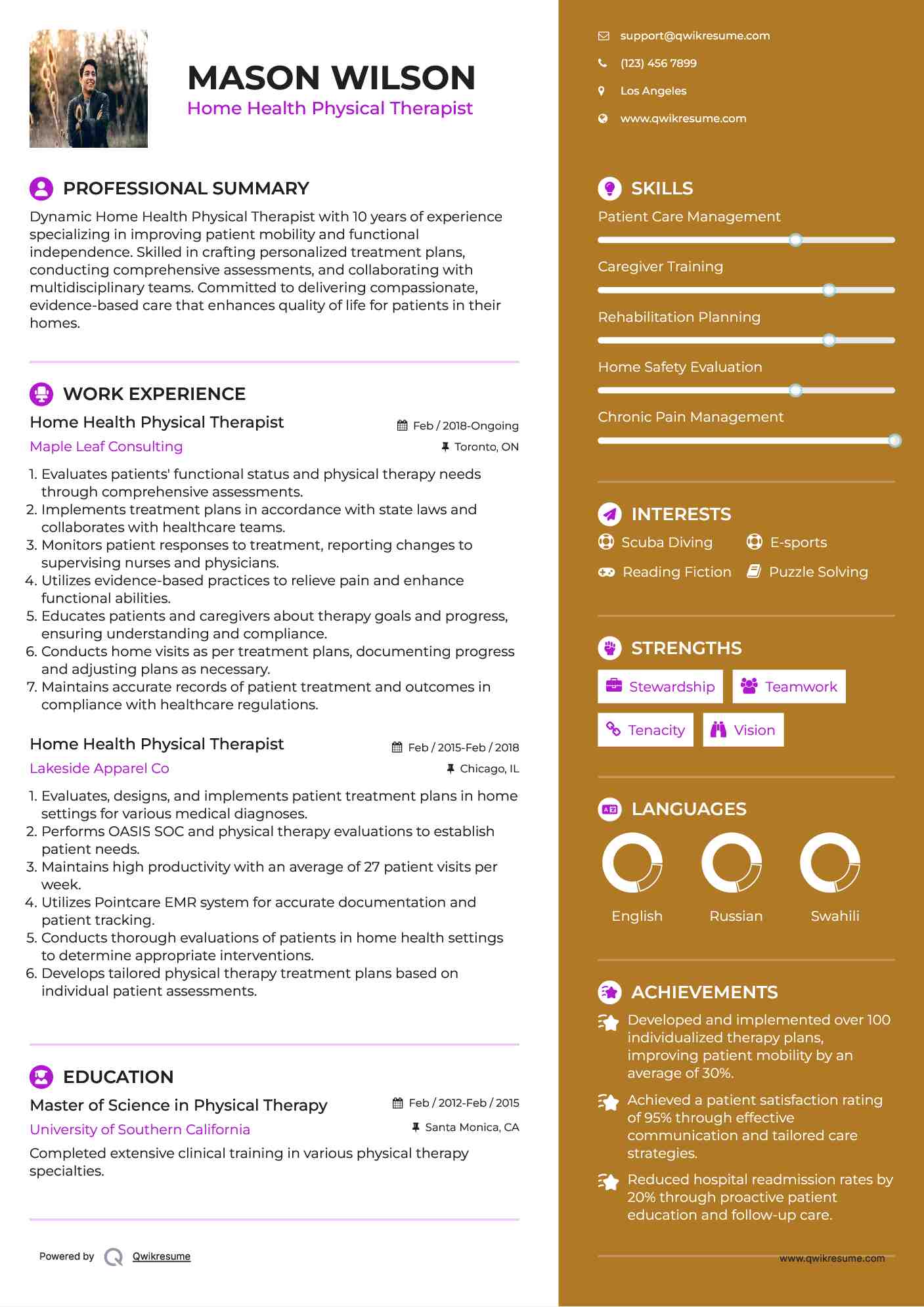 Home Health Physical Therapist Resume Sample