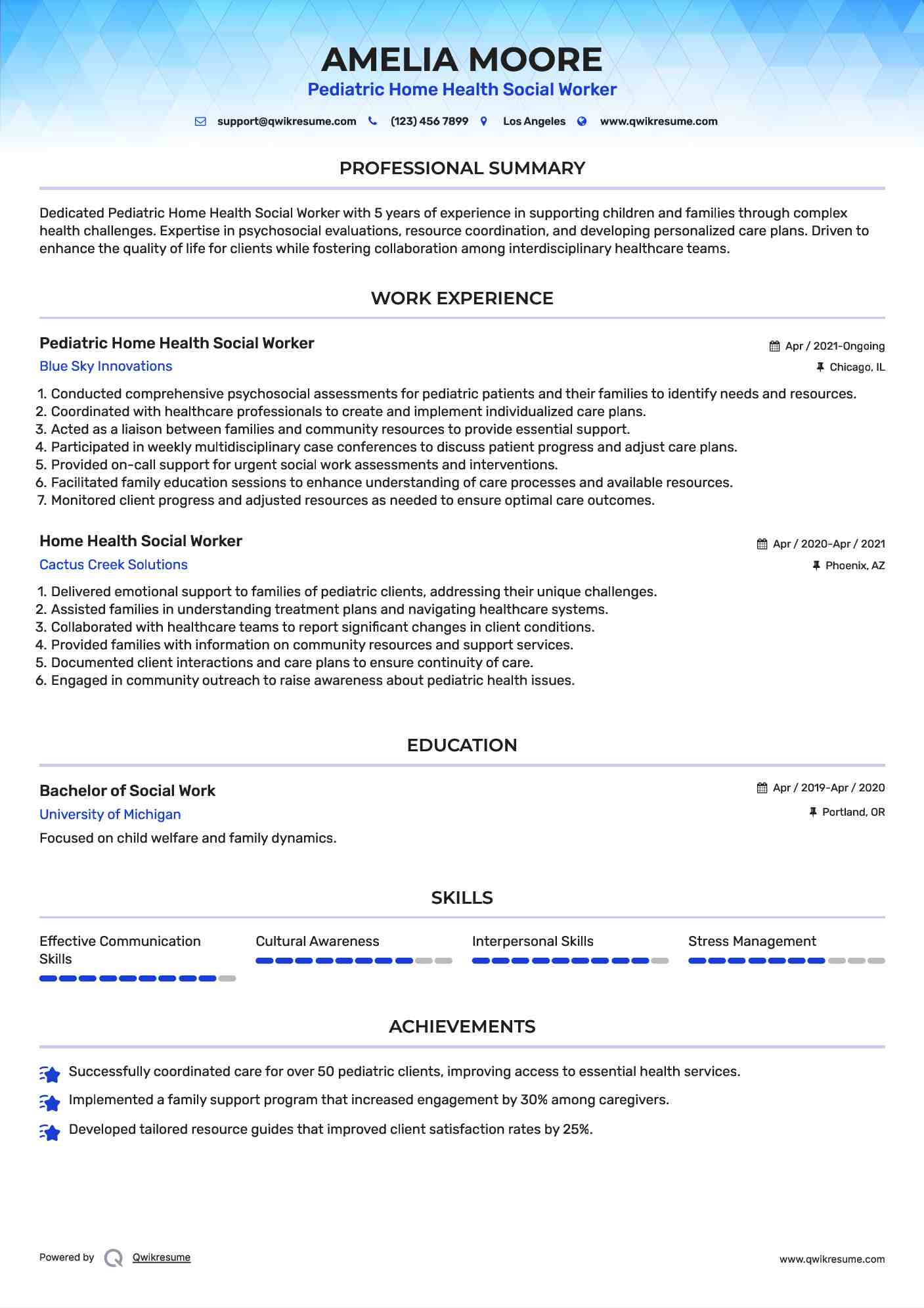 Pediatric Home Health Social Worker Resume Format