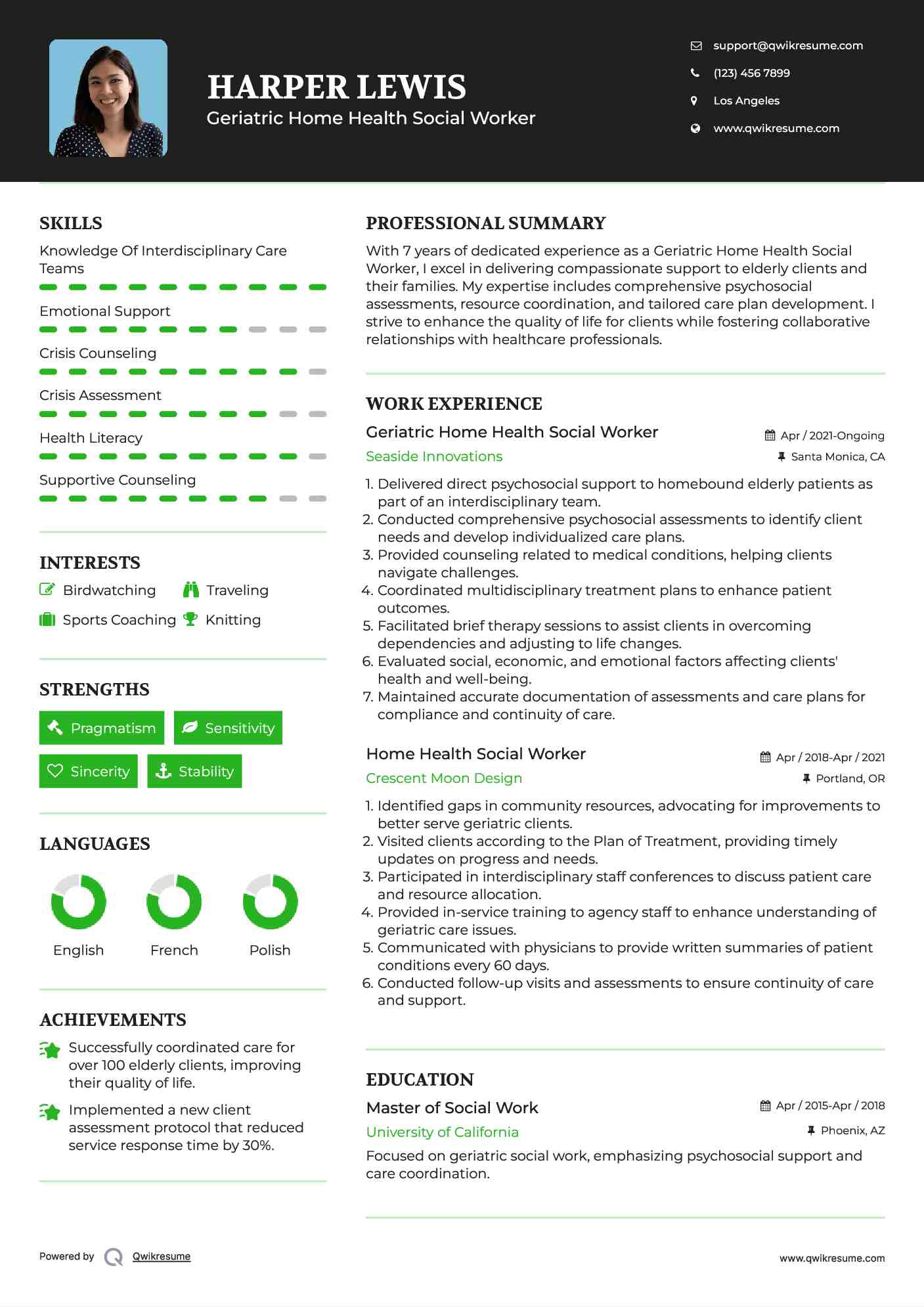 Geriatric Home Health Social Worker Resume Example