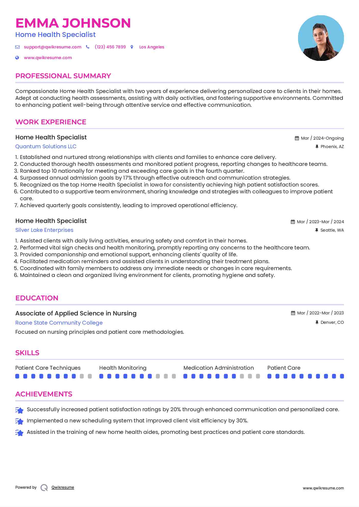 Home Health Specialist Resume Sample