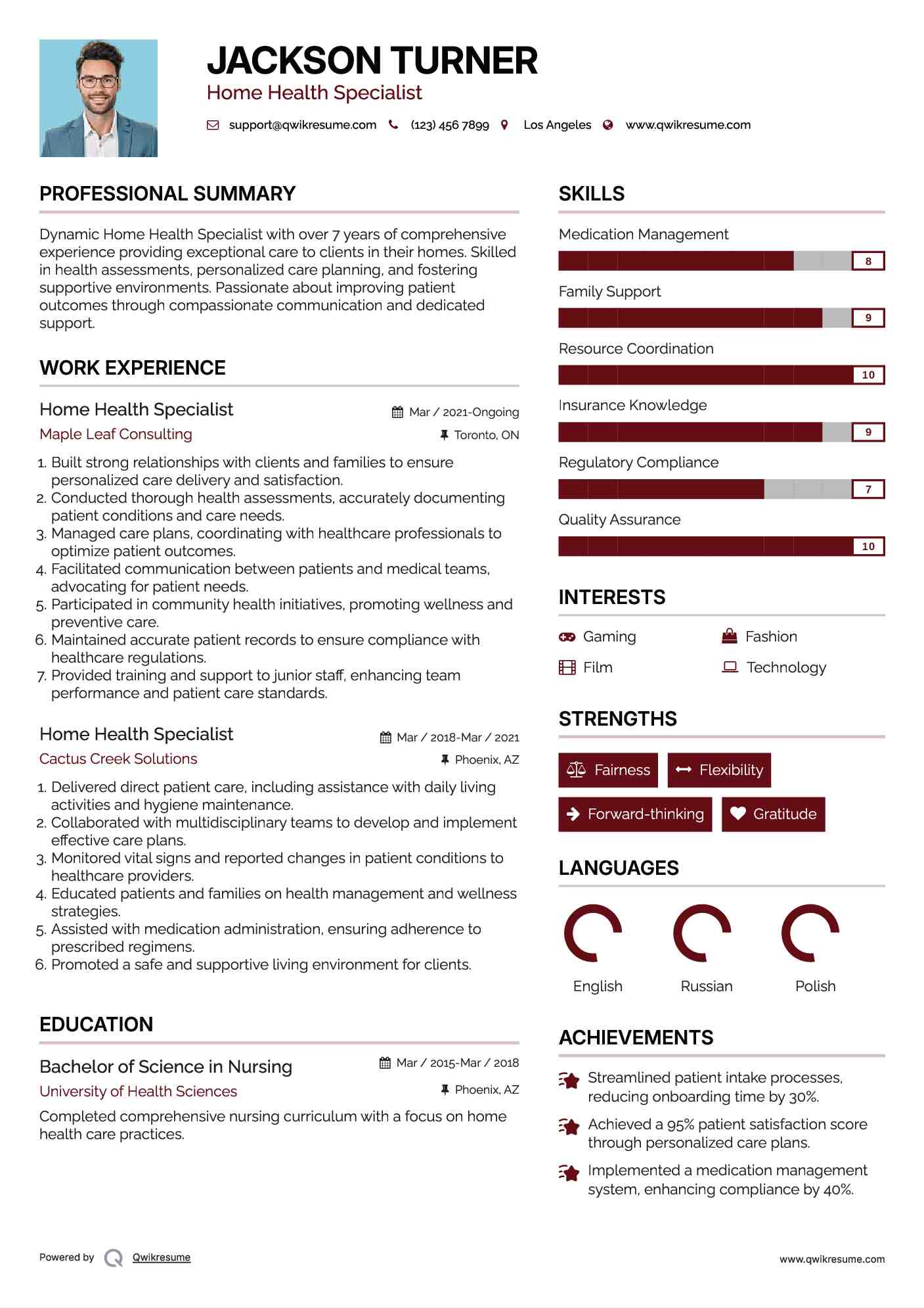 Home Health Specialist Resume Example