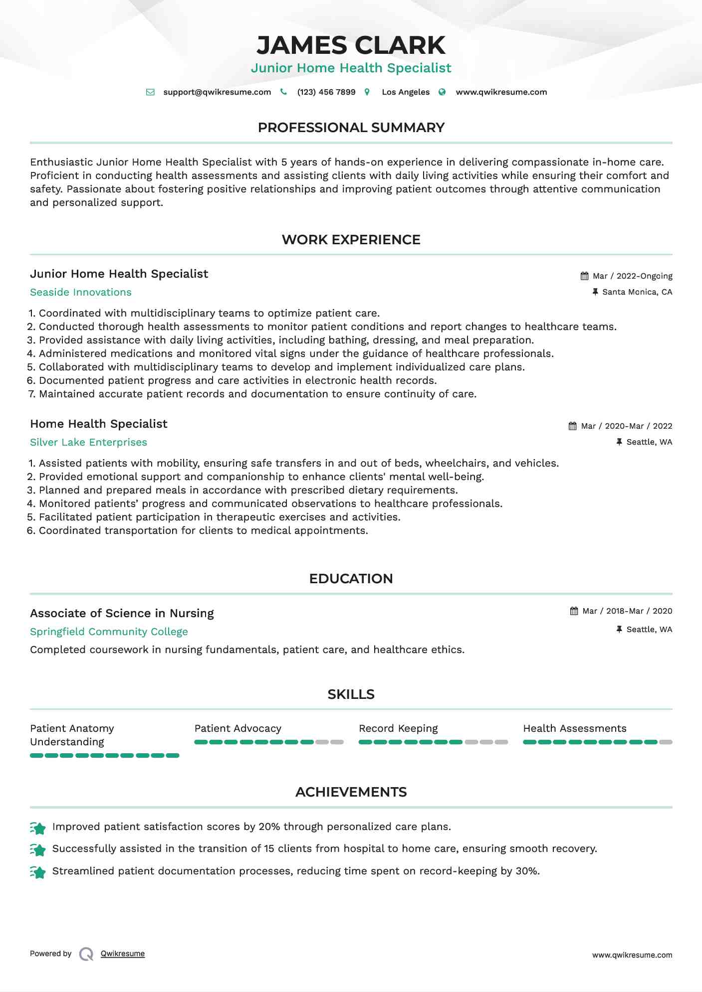 Junior Home Health Specialist
 Resume Format