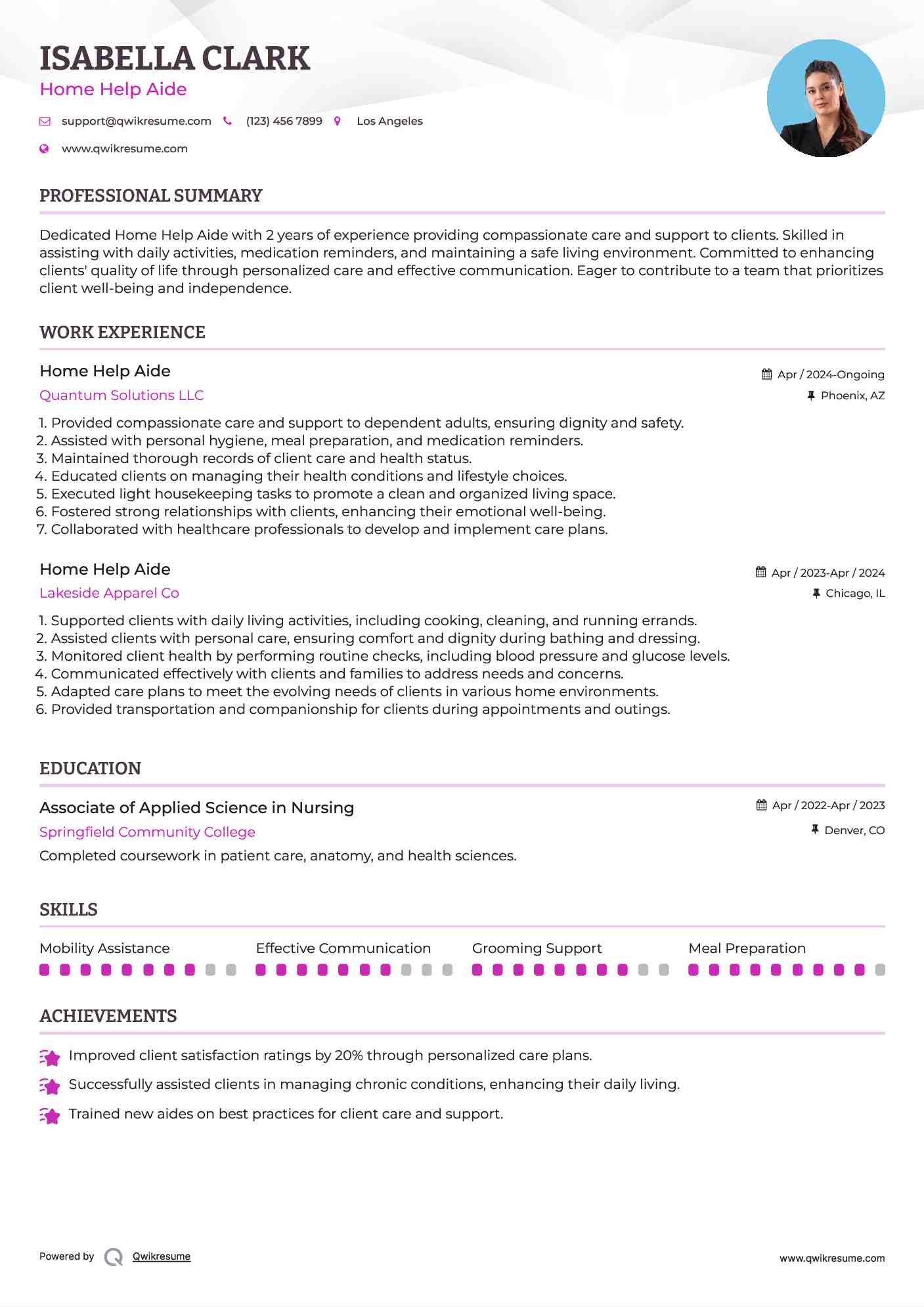 Home Help Aide Resume Format