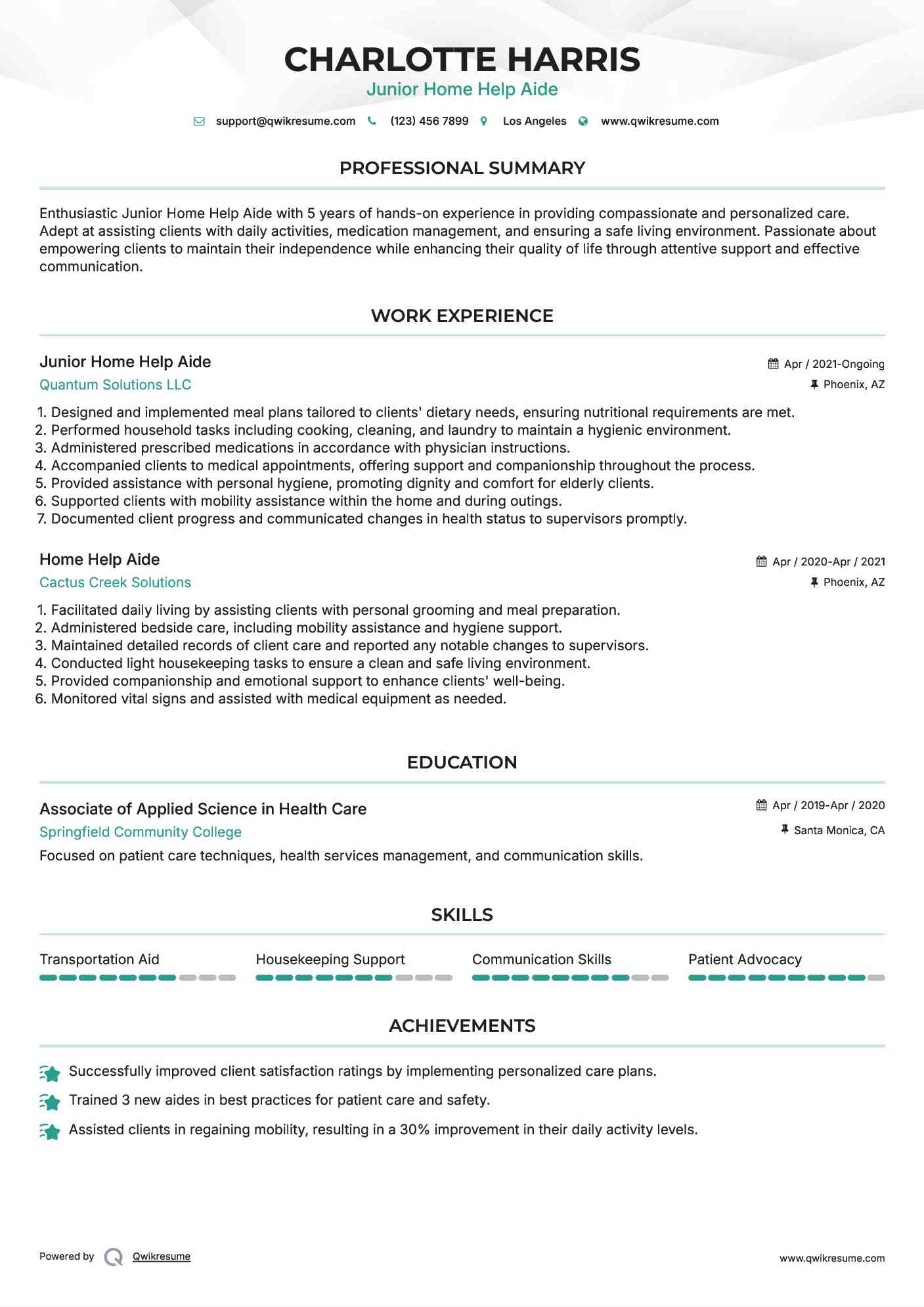 Junior Home Help Aide Resume Format