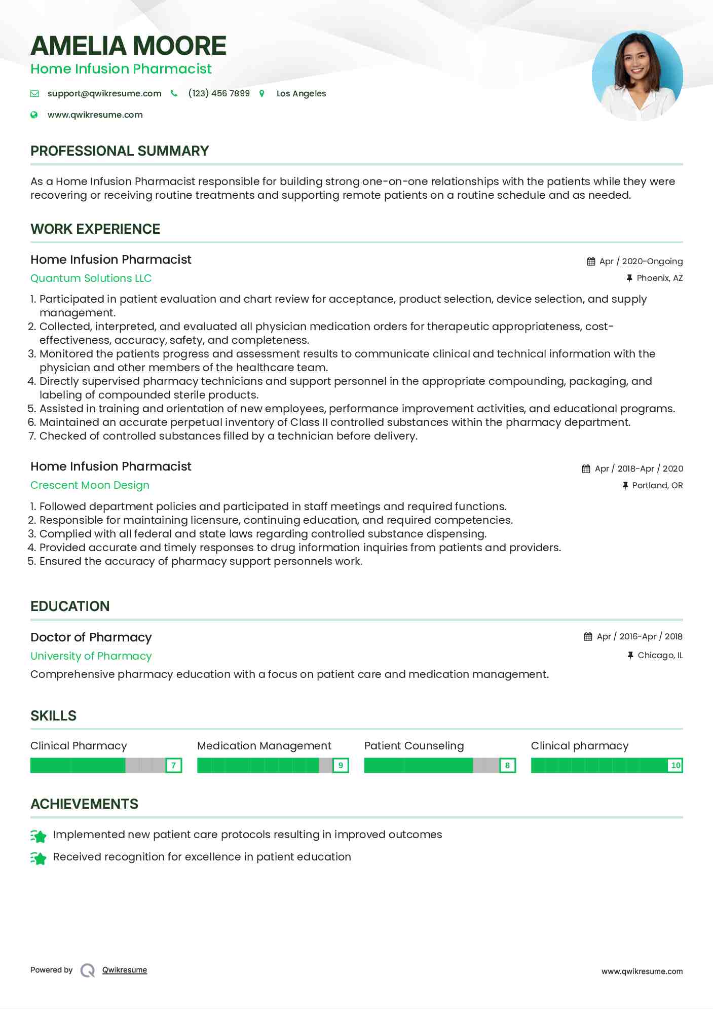 Home Infusion Pharmacist Resume Sample