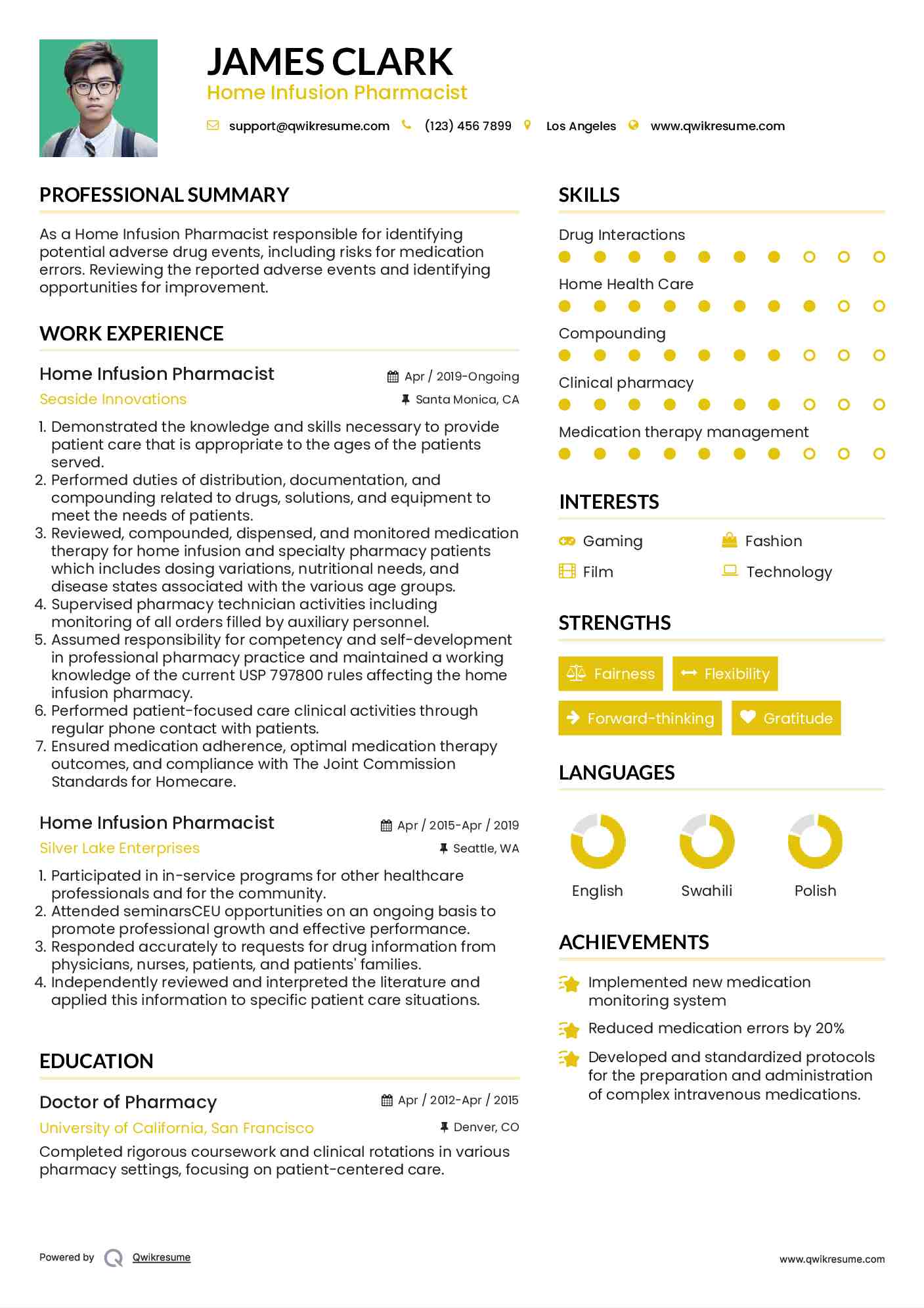 Home Infusion Pharmacist Resume Sample