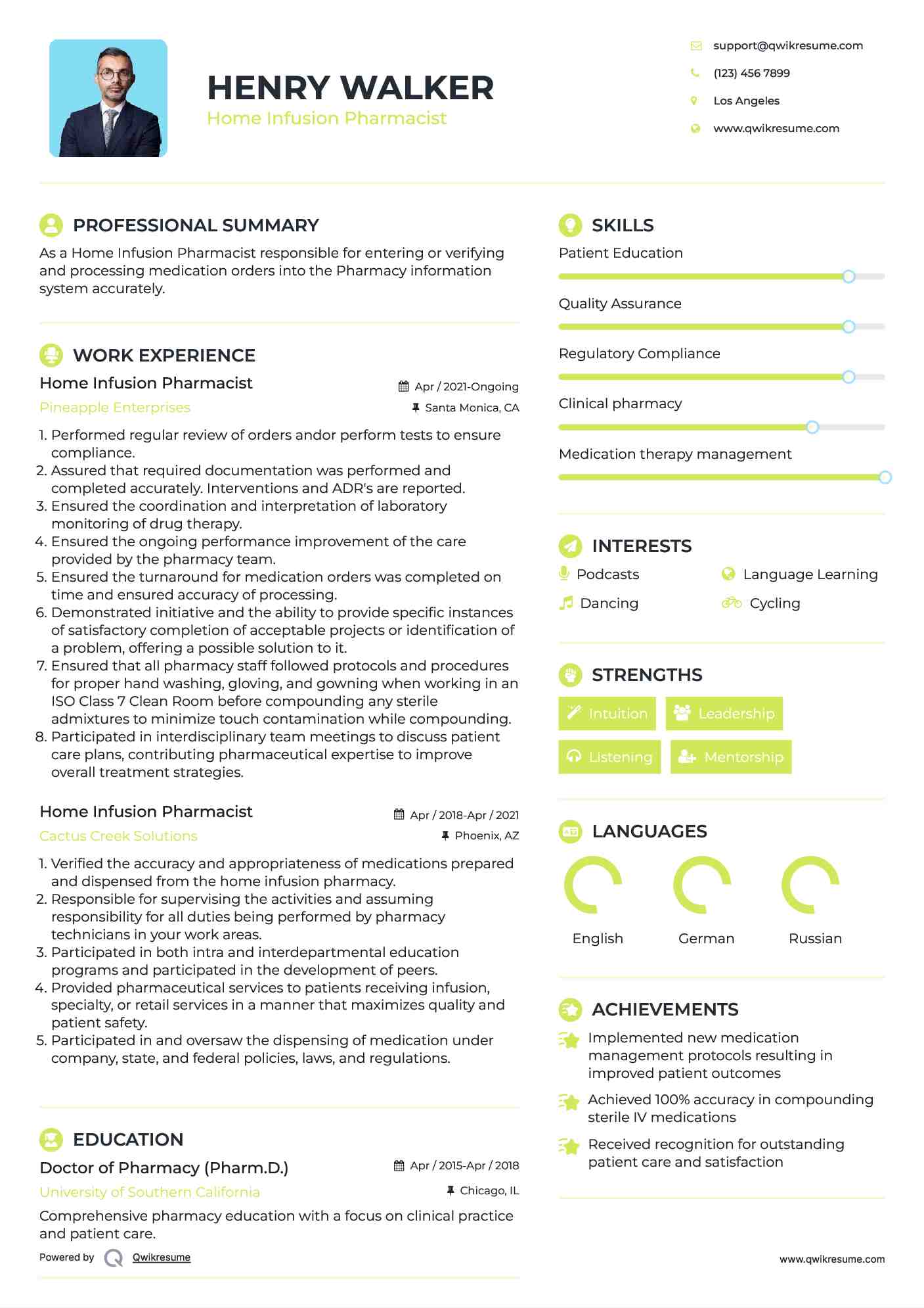 Home Infusion Pharmacist Resume Example