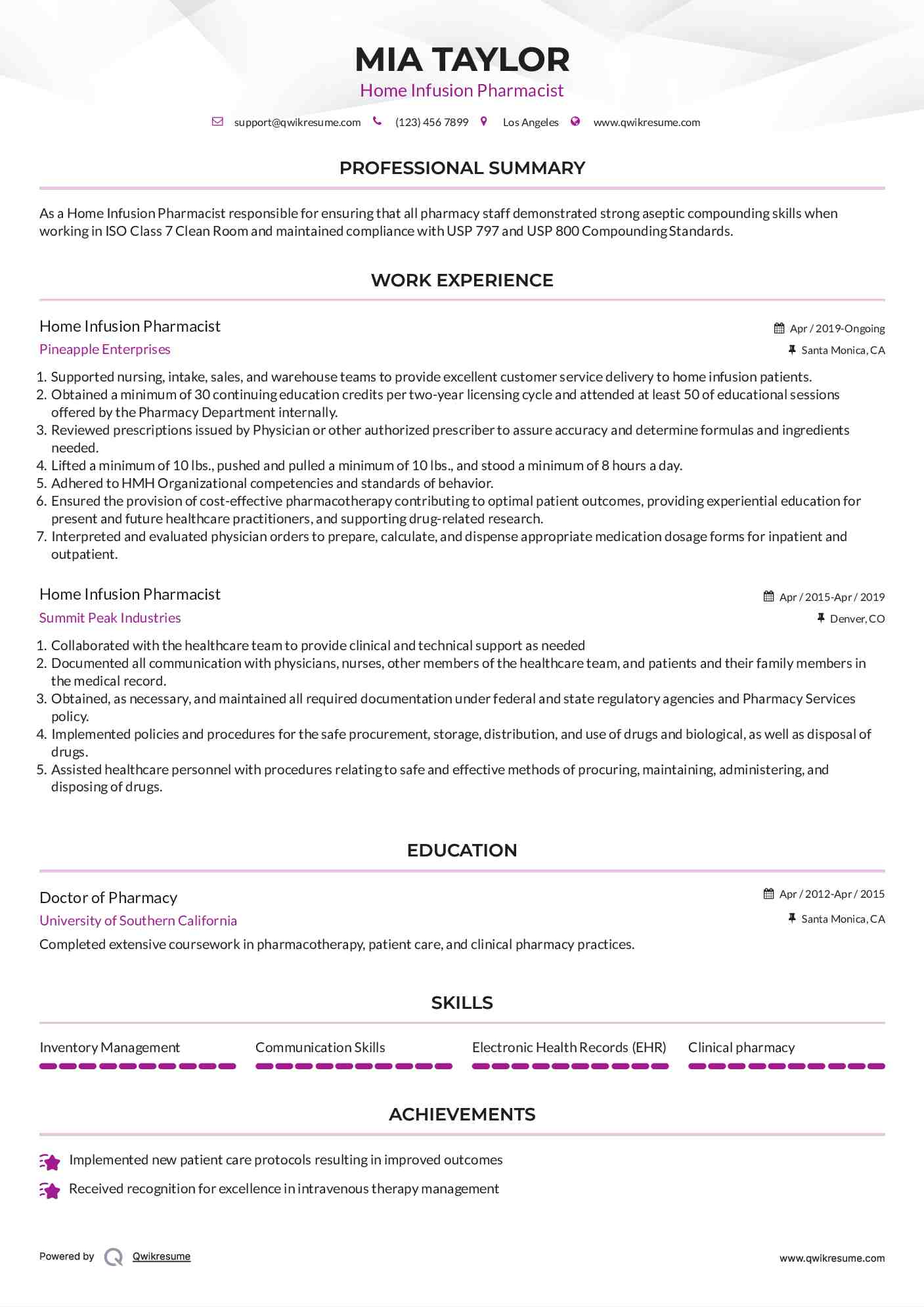 Home Infusion Pharmacist Resume Format