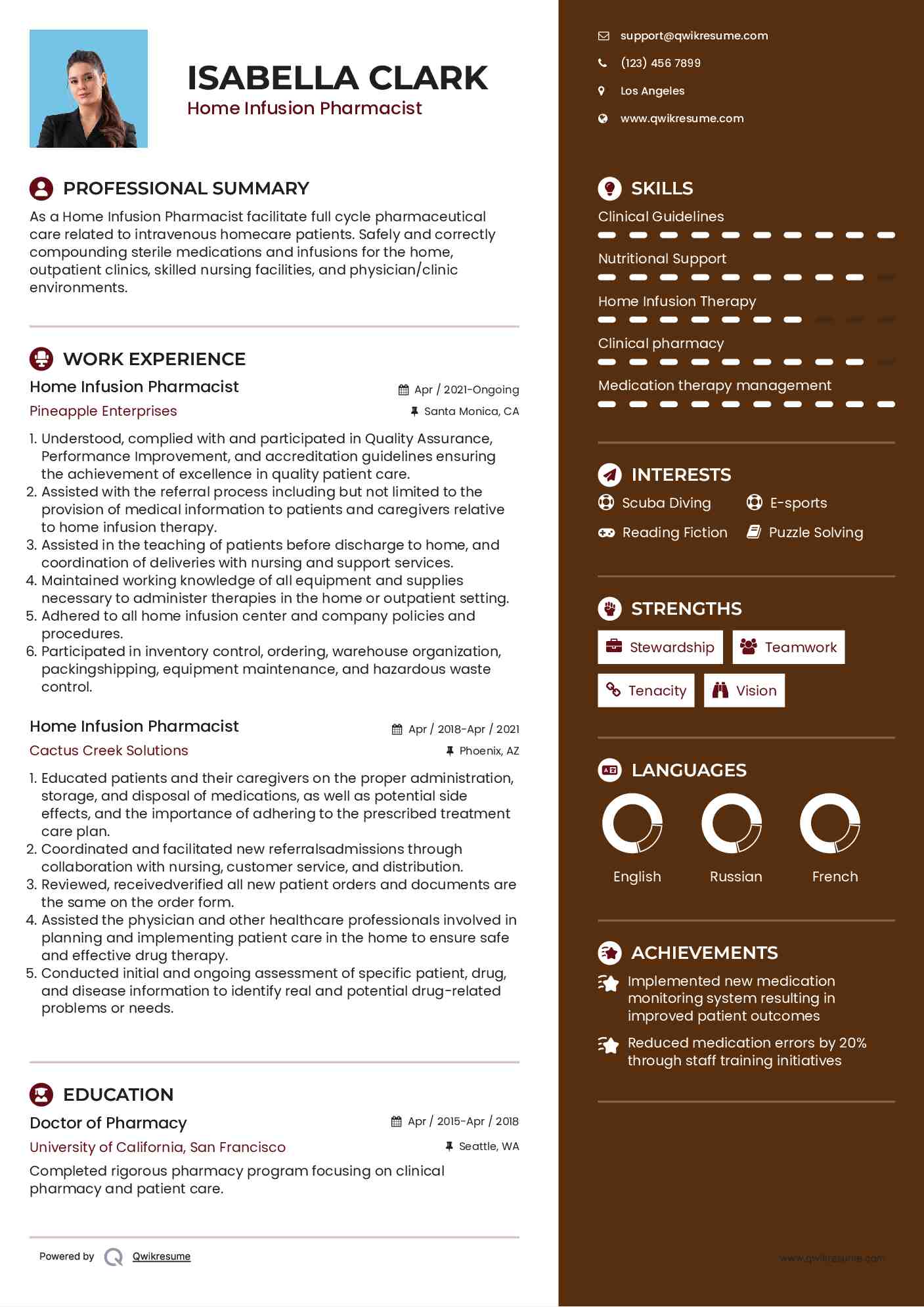 Home Infusion Pharmacist Resume Sample