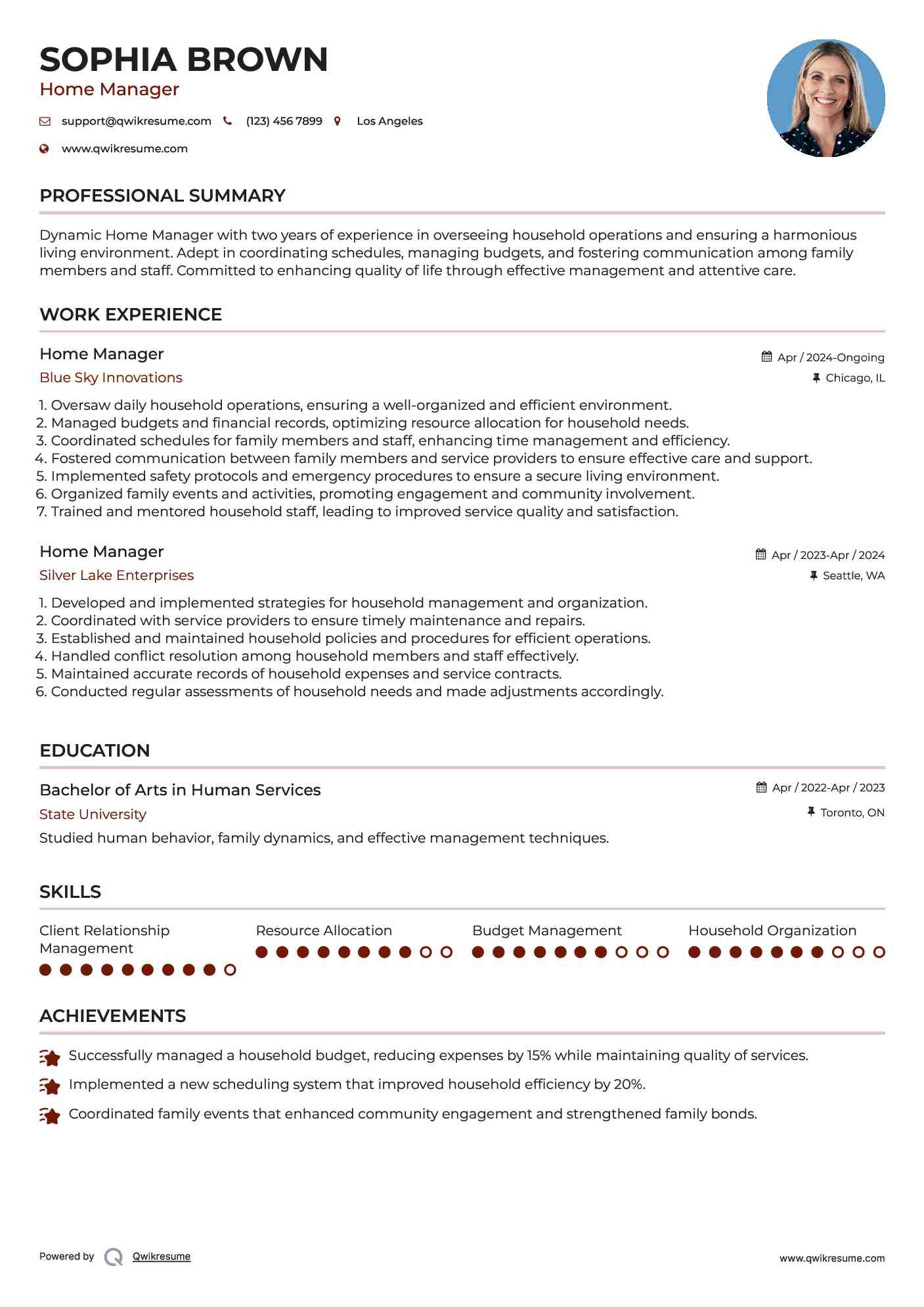 Home Manager Resume Template