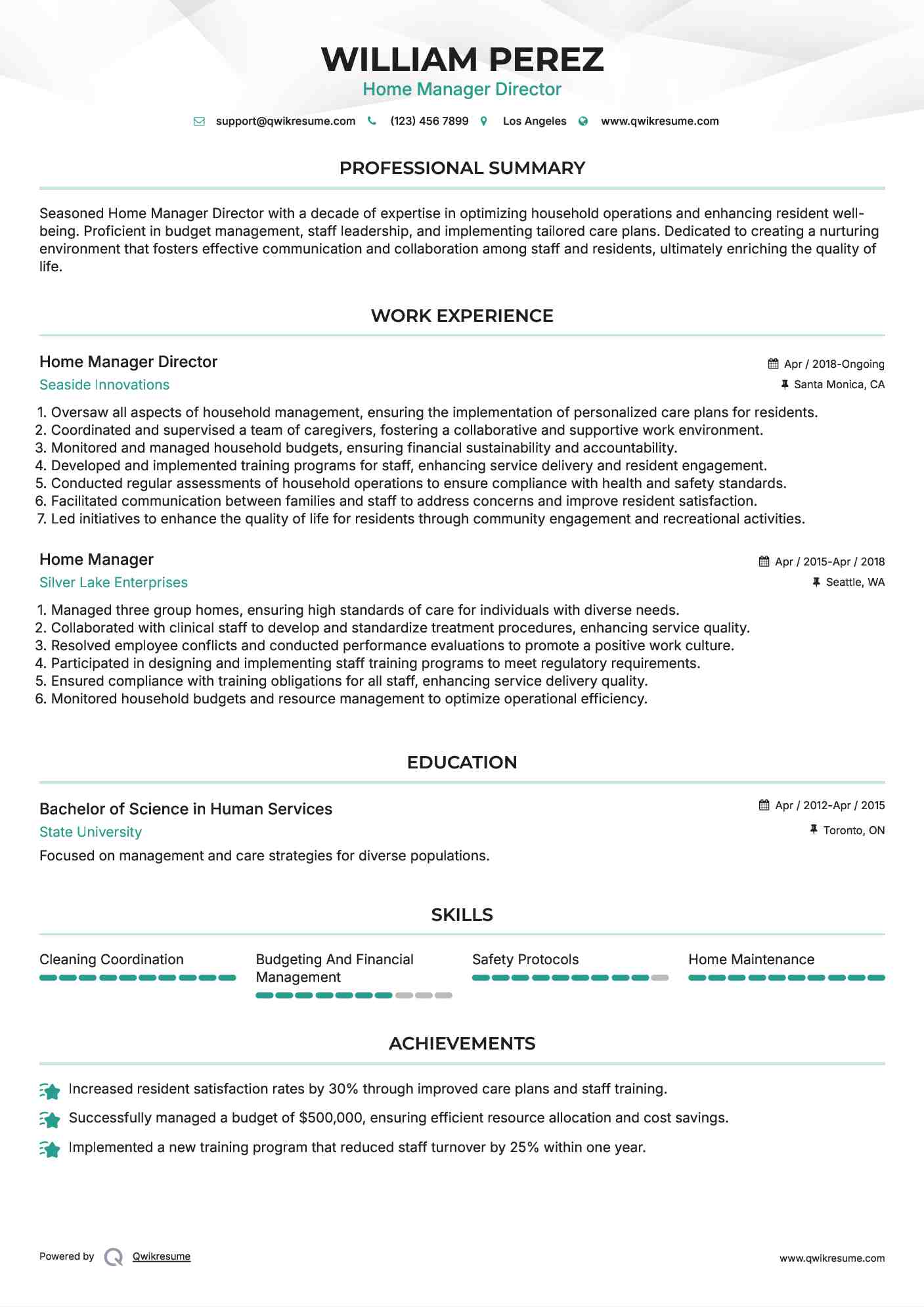 Home Manager Director Resume Format