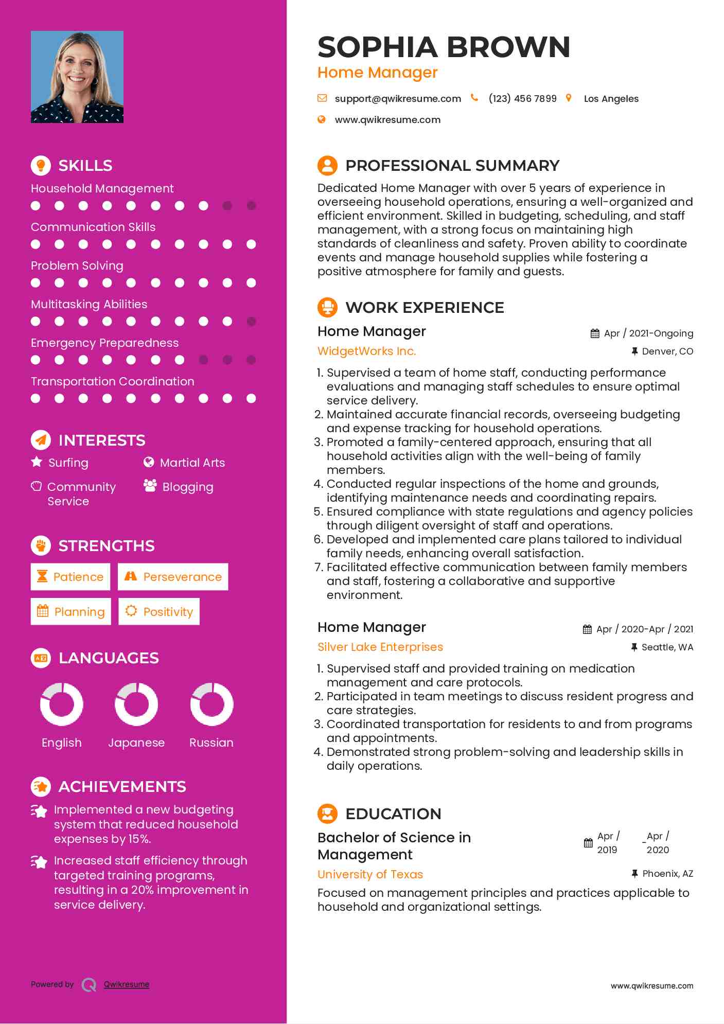 Home Manager Resume Model