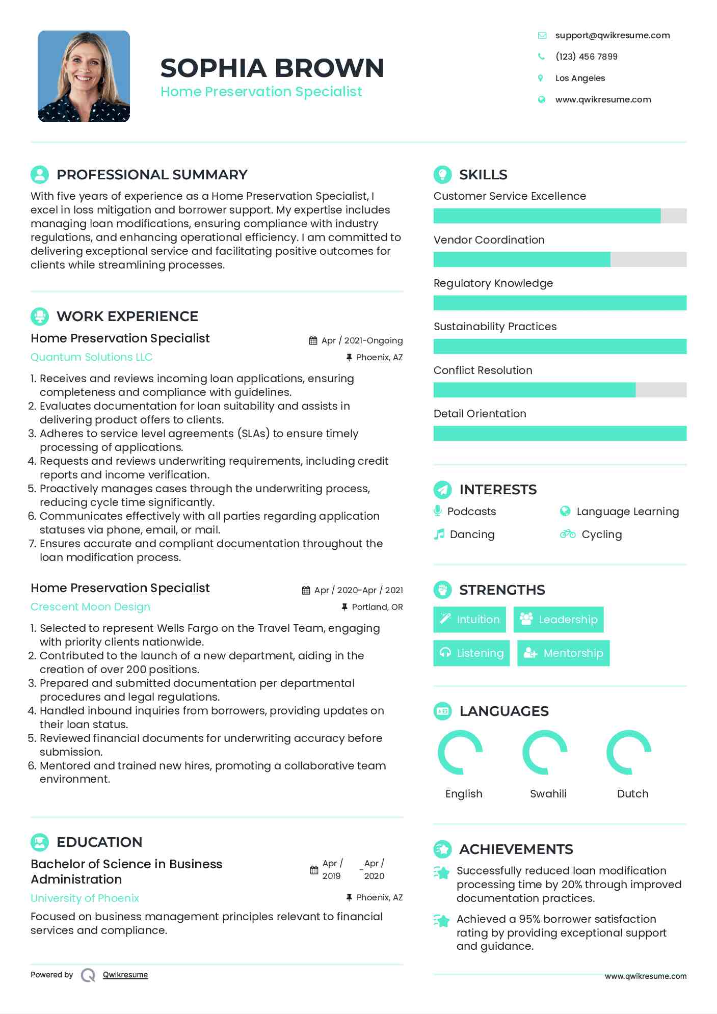 Home Preservation Specialist Resume Sample