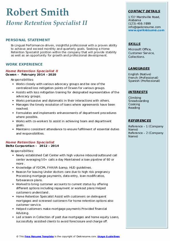 Home Retention Specialist Resume Samples QwikResume