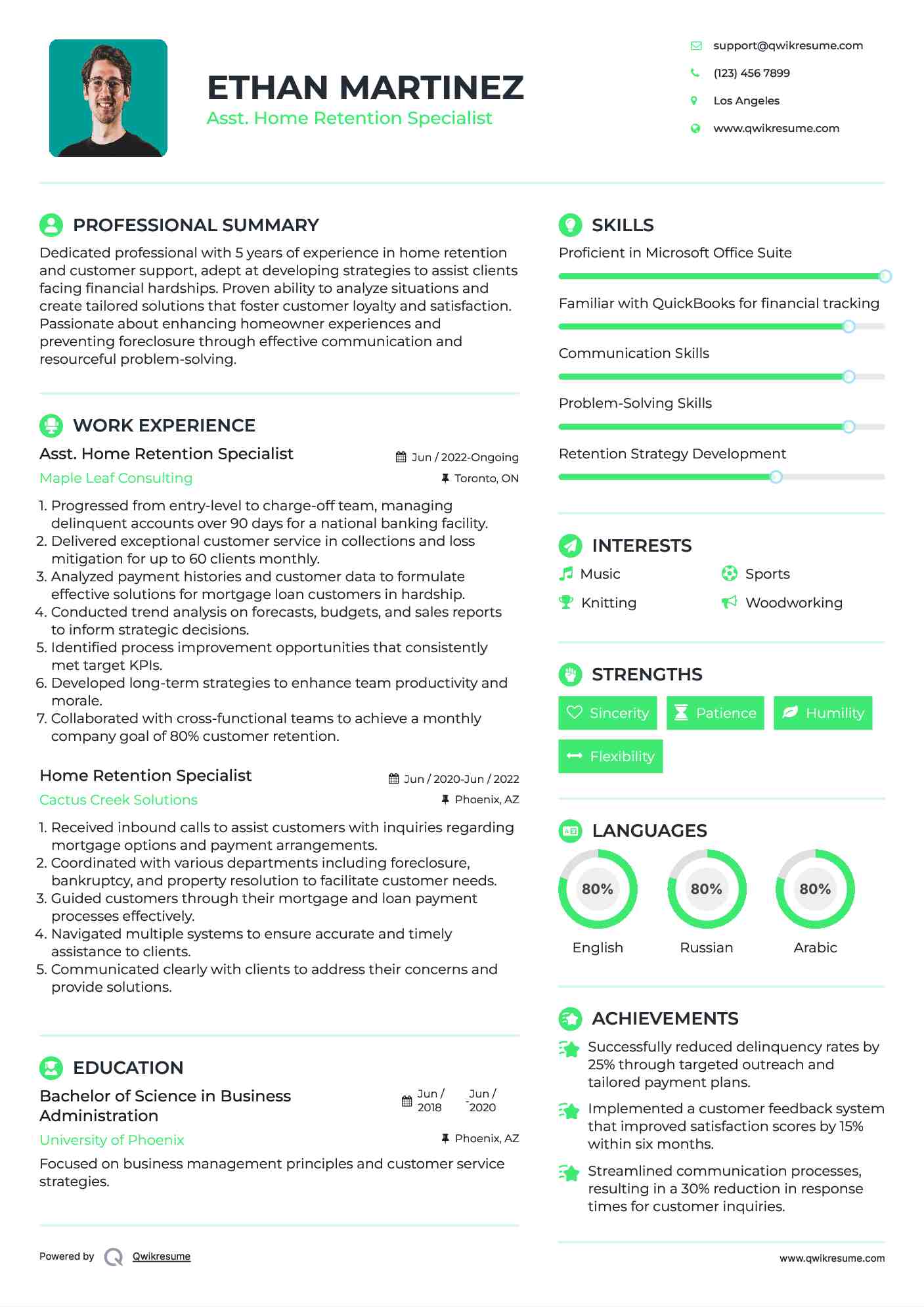 Asst. Home Retention Specialist Resume Example