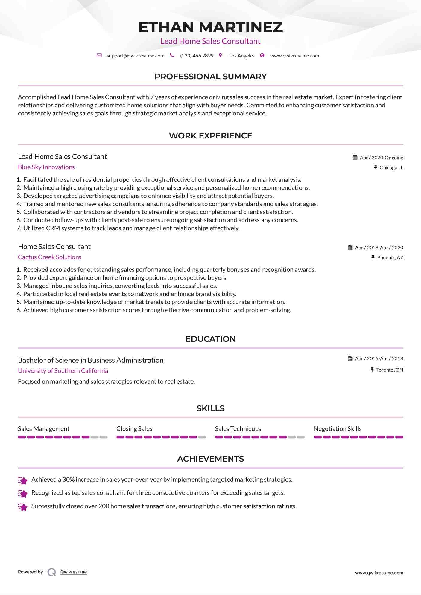 Lead Home Sales Consultant Resume Template