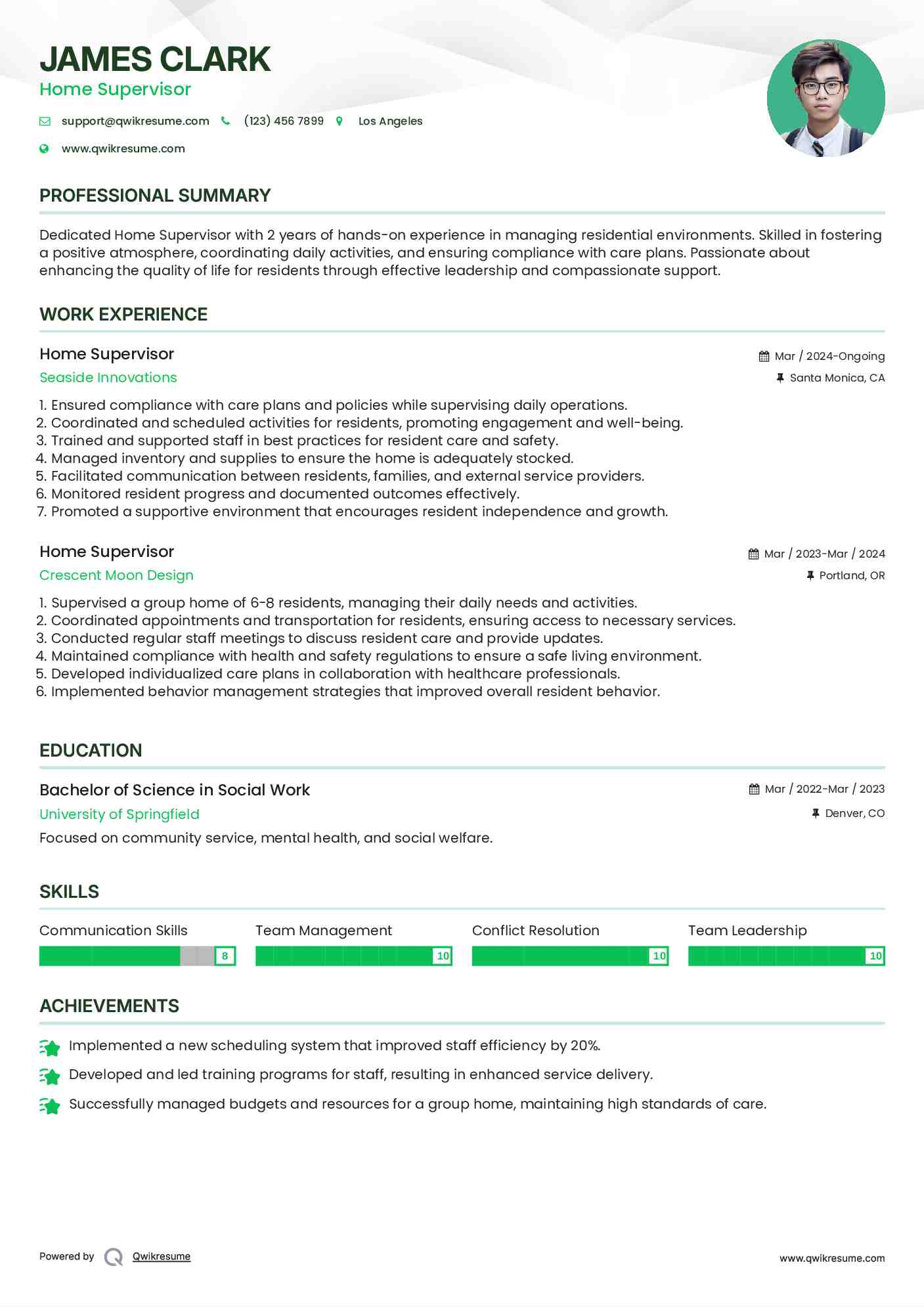 Home Supervisor Resume Example