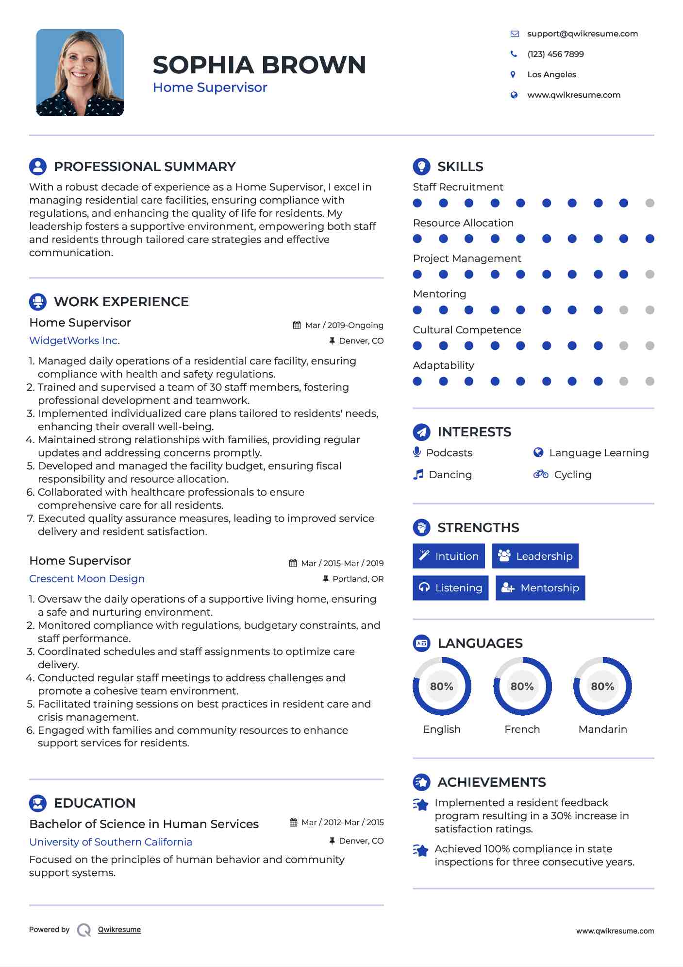 Home Supervisor Resume Example