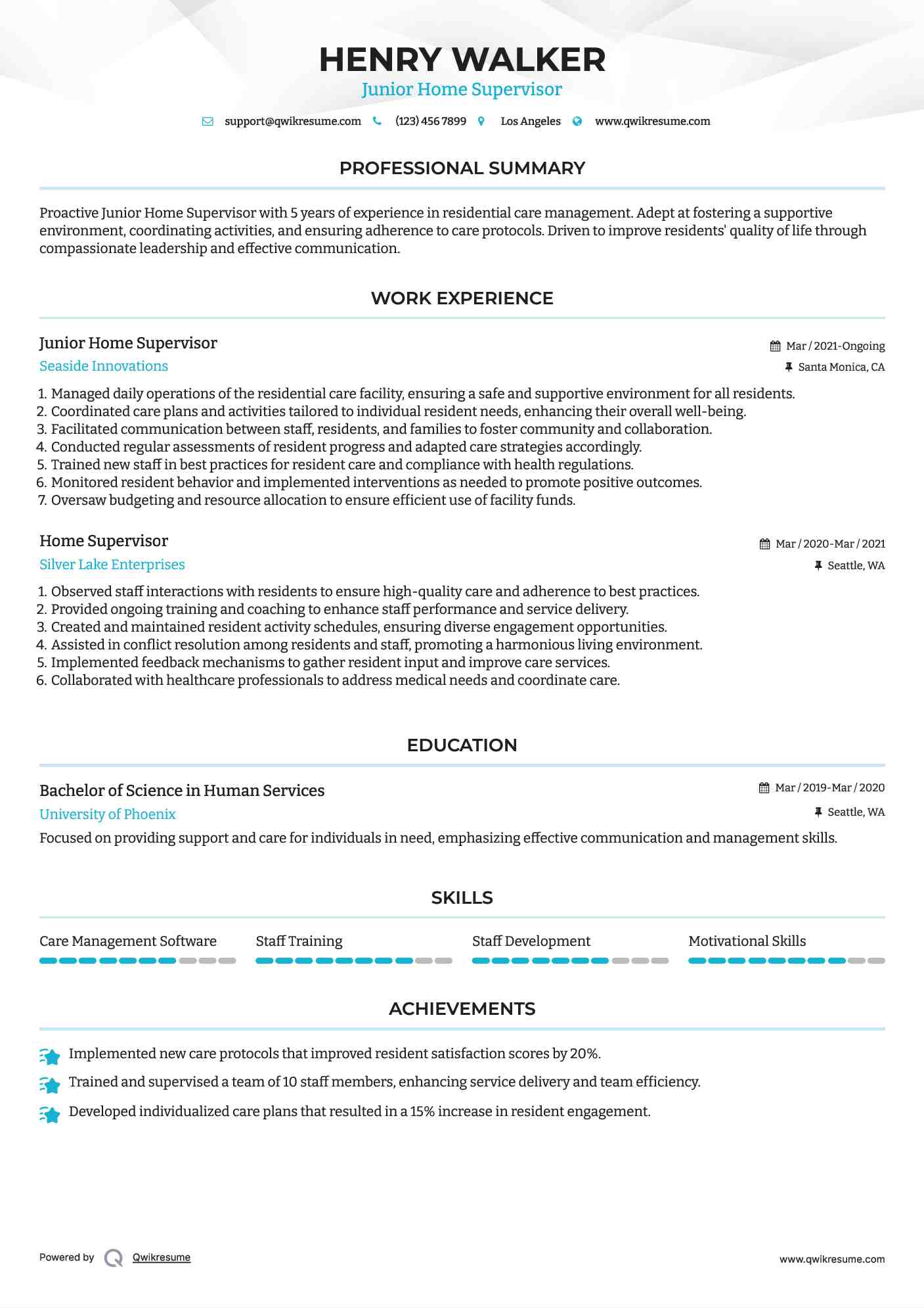 Junior Home Supervisor Resume Model