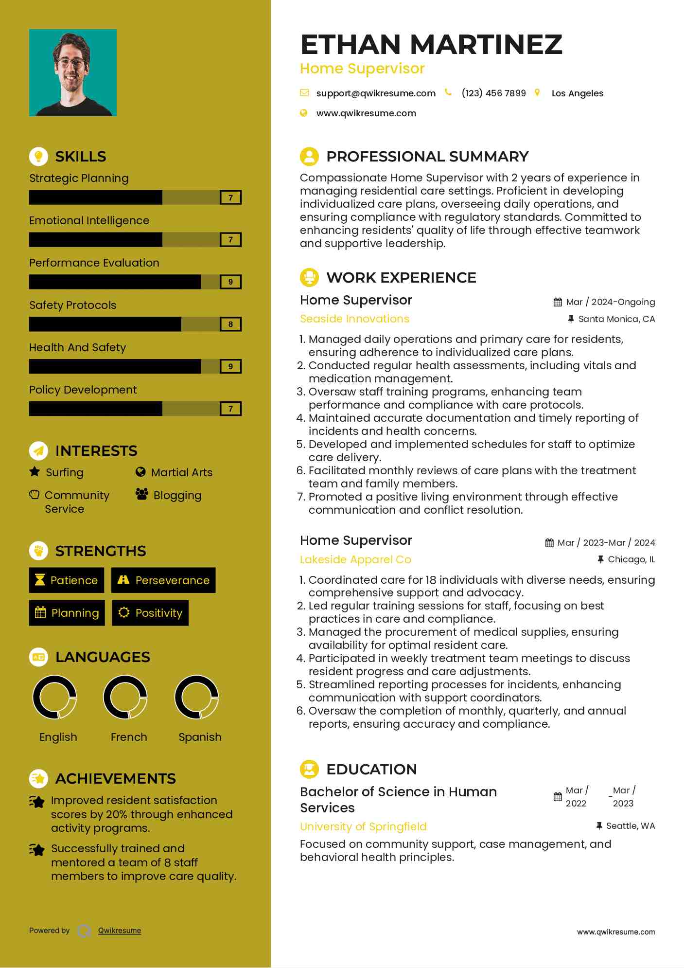 Home Supervisor Resume Example