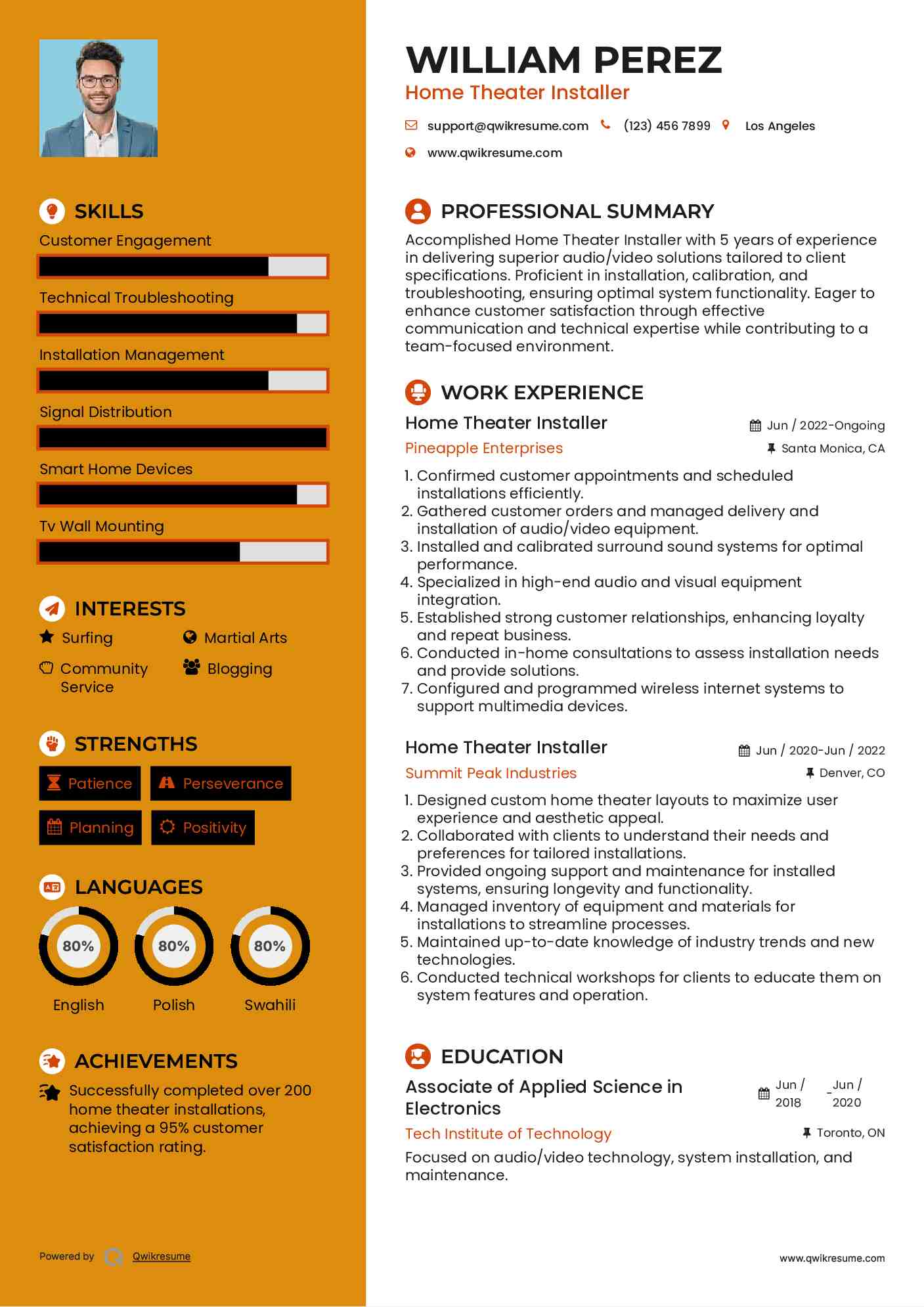 Home Theater Installer Resume Model