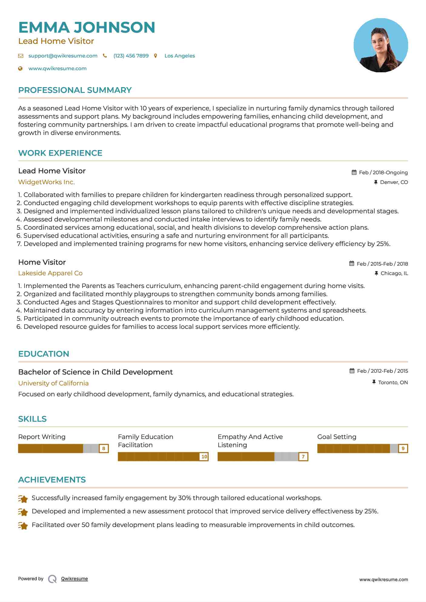 Lead Home Visitor Resume Sample