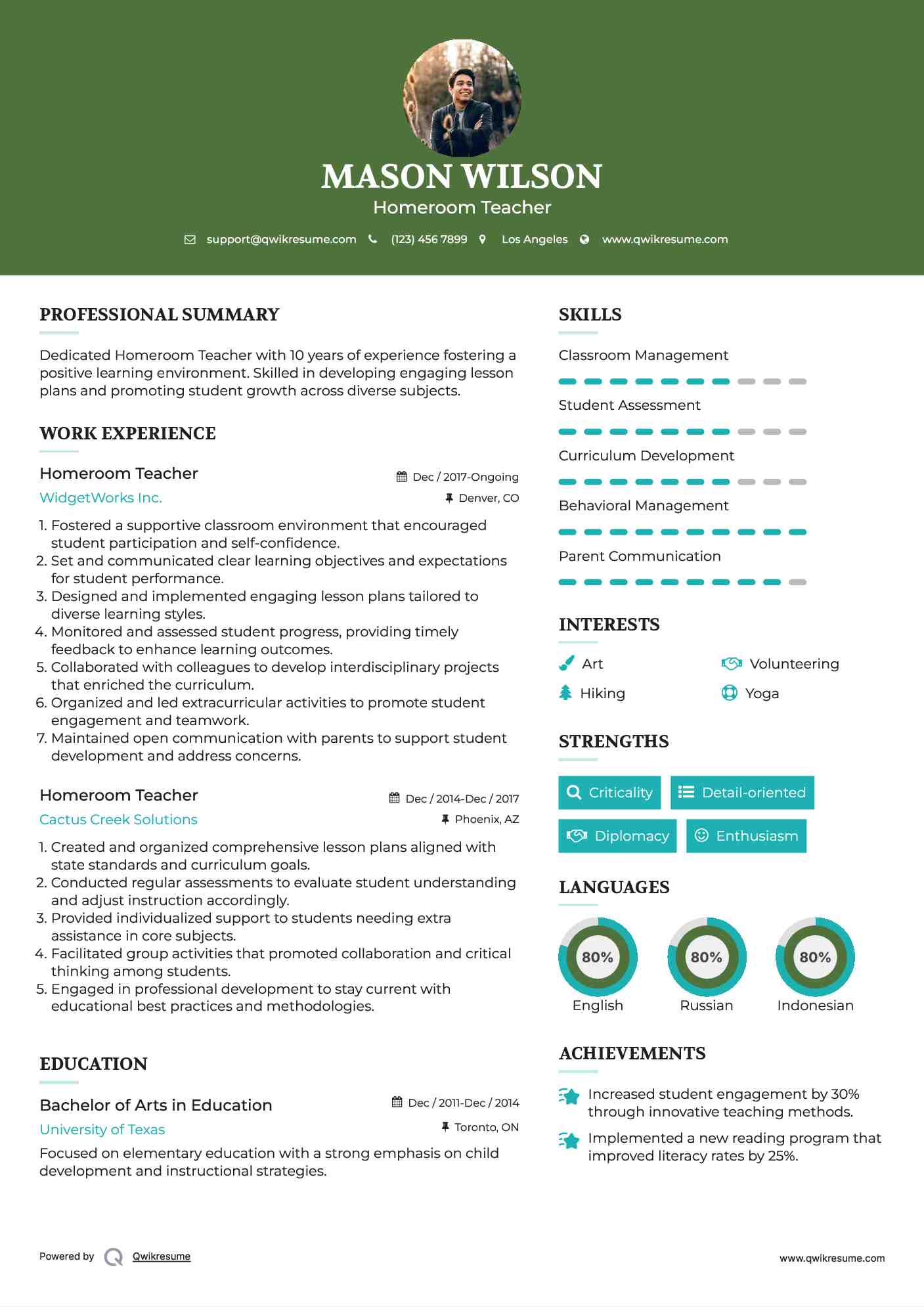 Homeroom Teacher Resume Sample