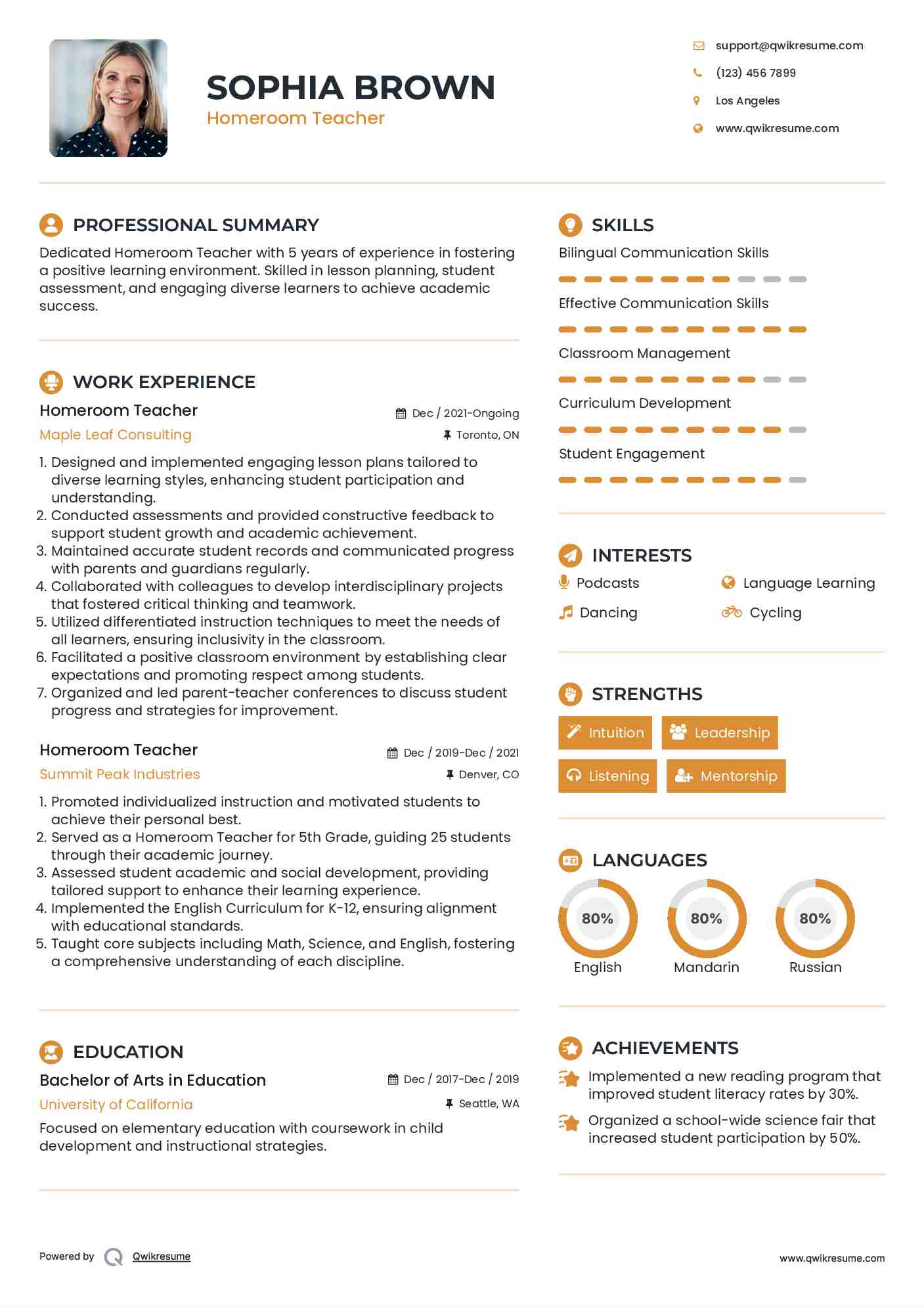 Homeroom Teacher Resume Format