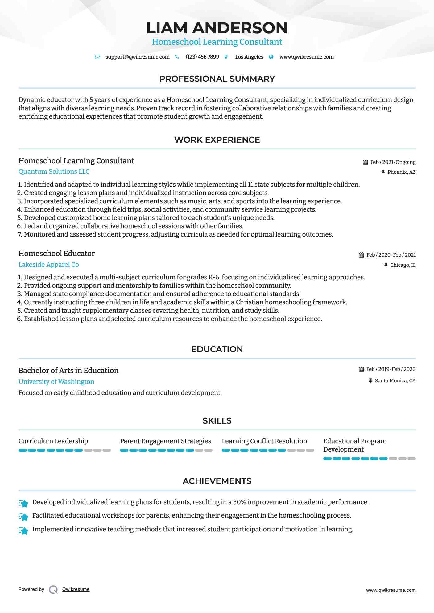 Homeschool Learning Consultant Resume Model